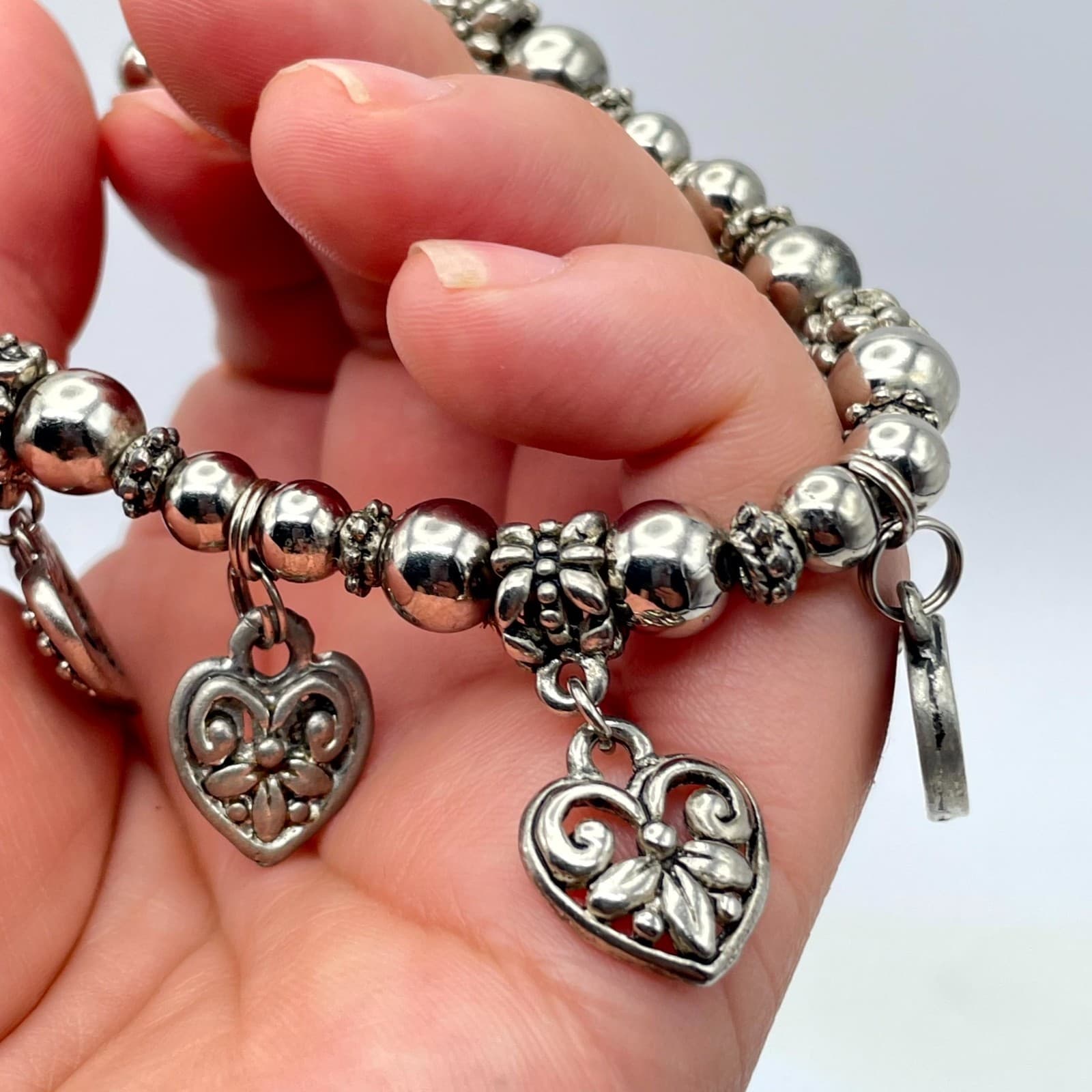 Y2K Bohemiam Silver-Tone Classic Elastic Ruby Shine Heart Multi-Charm Bracelet - Thumbnail 8