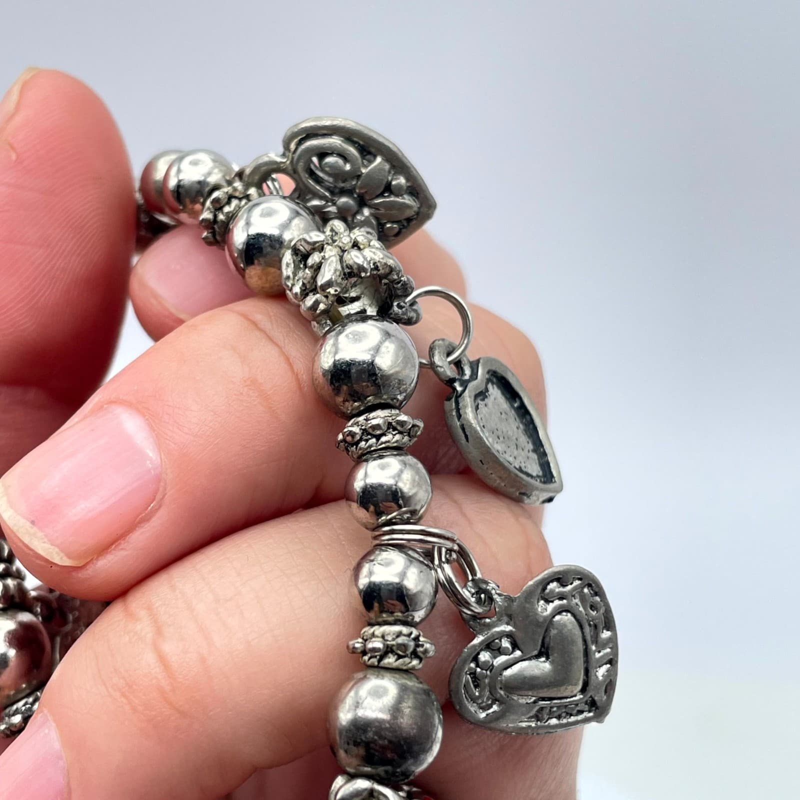 Y2K Bohemiam Silver-Tone Classic Elastic Ruby Shine Heart Multi-Charm Bracelet - Thumbnail 9