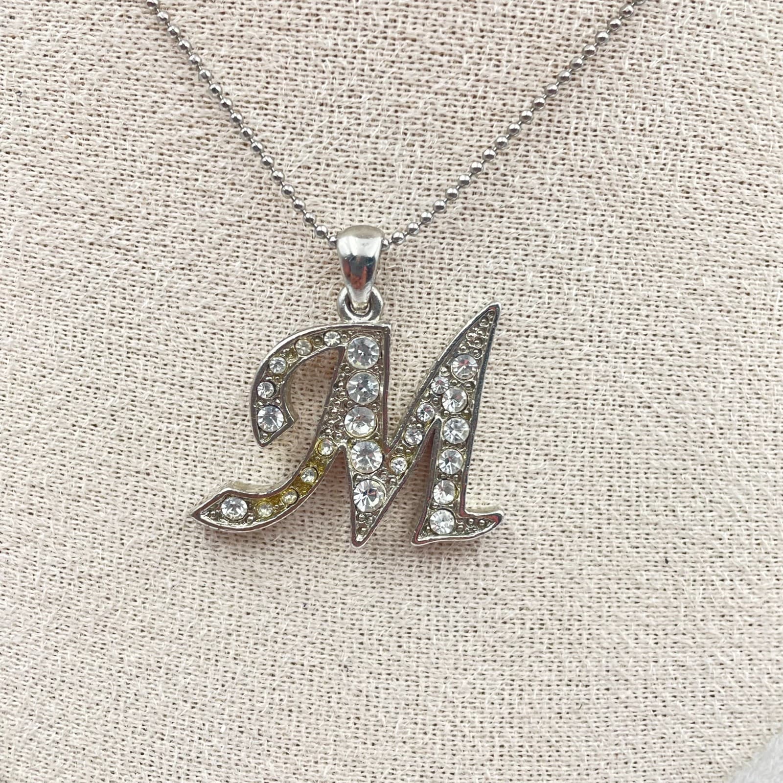 Vintage 80s Script M Pendant Necklace Silver Rhinestone Alphabet Letter Jewelry - Thumbnail 4