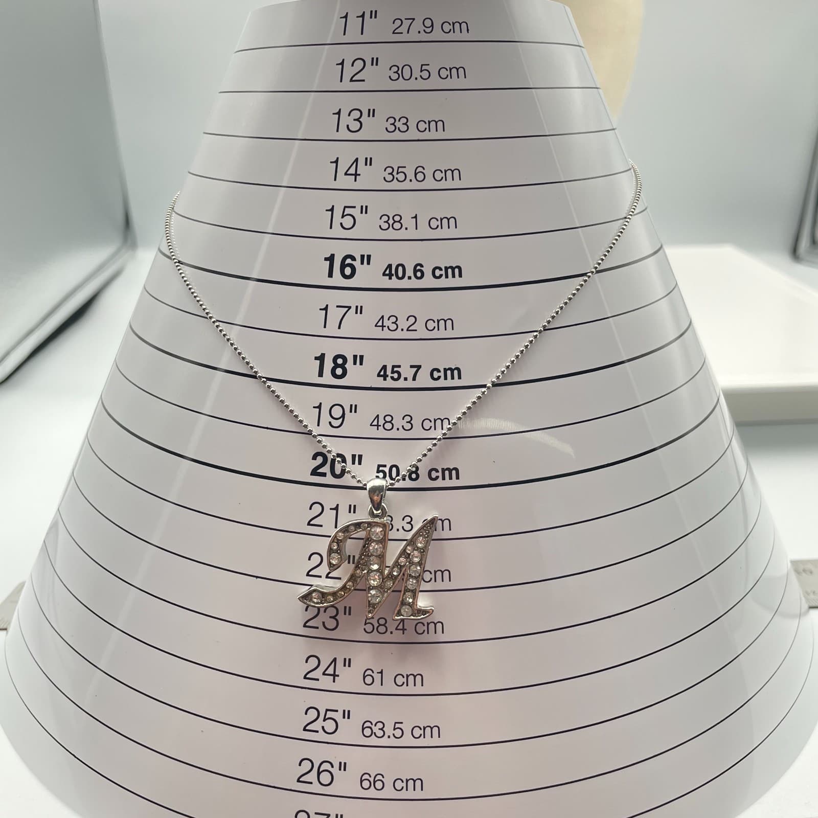 Vintage 80s Script M Pendant Necklace Silver Rhinestone Alphabet Letter Jewelry - Thumbnail 7