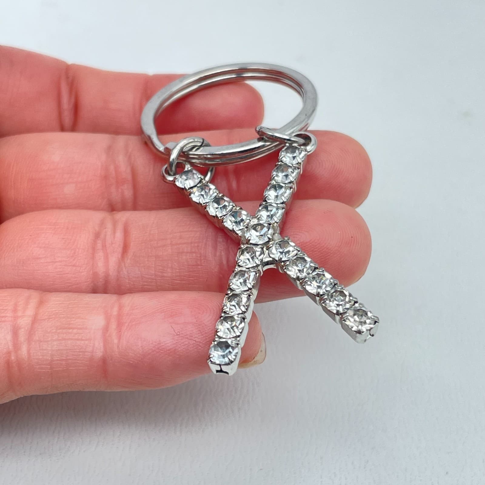 Vintage Silver-Tone Rhinestone-Encrusted Inlaided Initial Letter "X" Keychain - Thumbnail 5