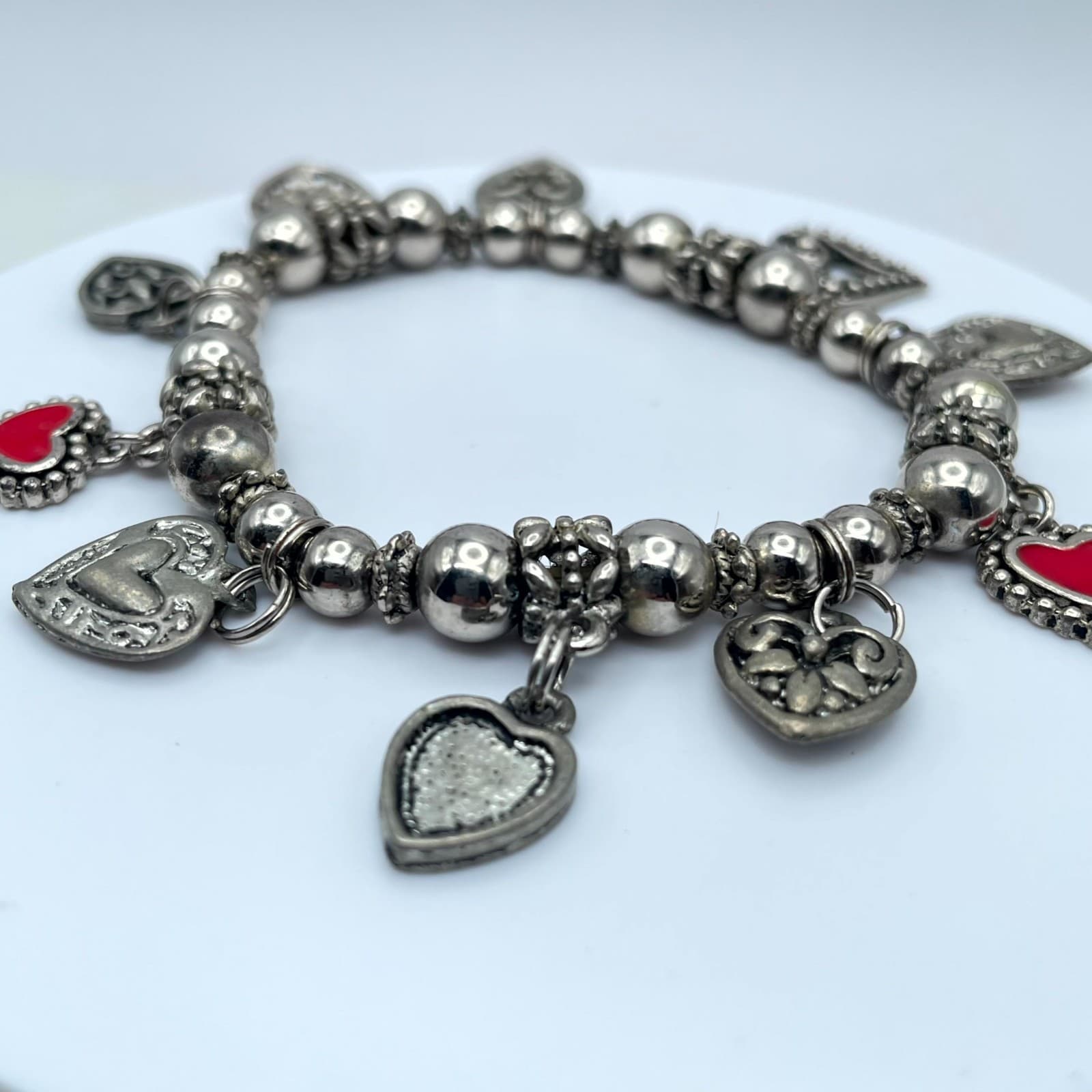 Y2K Bohemiam Silver-Tone Classic Elastic Ruby Shine Heart Multi-Charm Bracelet - Thumbnail 2