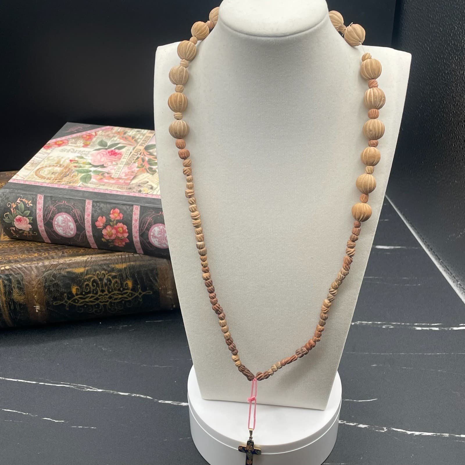 Vintage Beige Religious Terracotta Clay Beaded Cloisonné Cross Pendant Necklace - Image 1