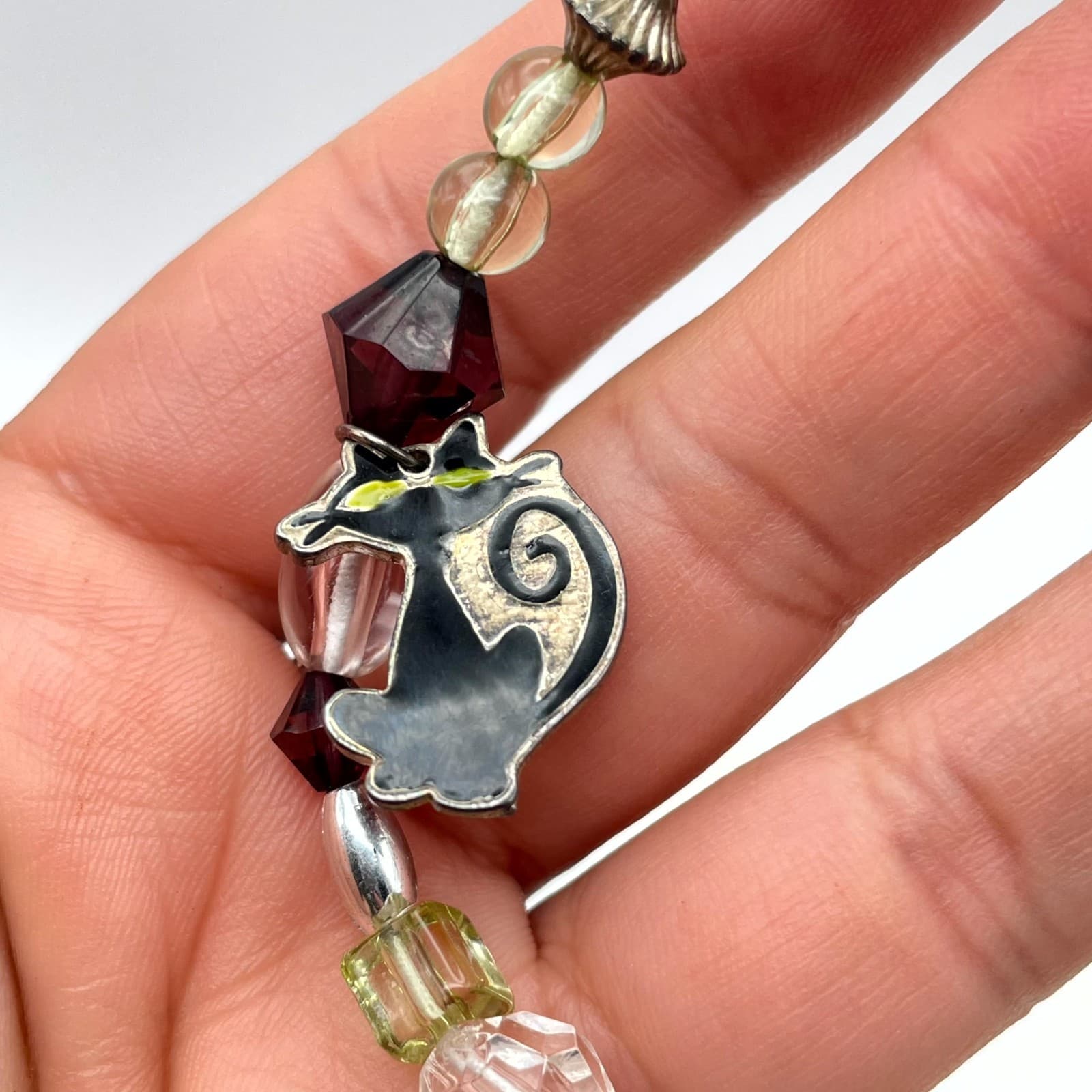 Contemporary Gold-Tone Classic Stretch Faceted Glass Beaded Cat Charm Bracelet - Thumbnail 7