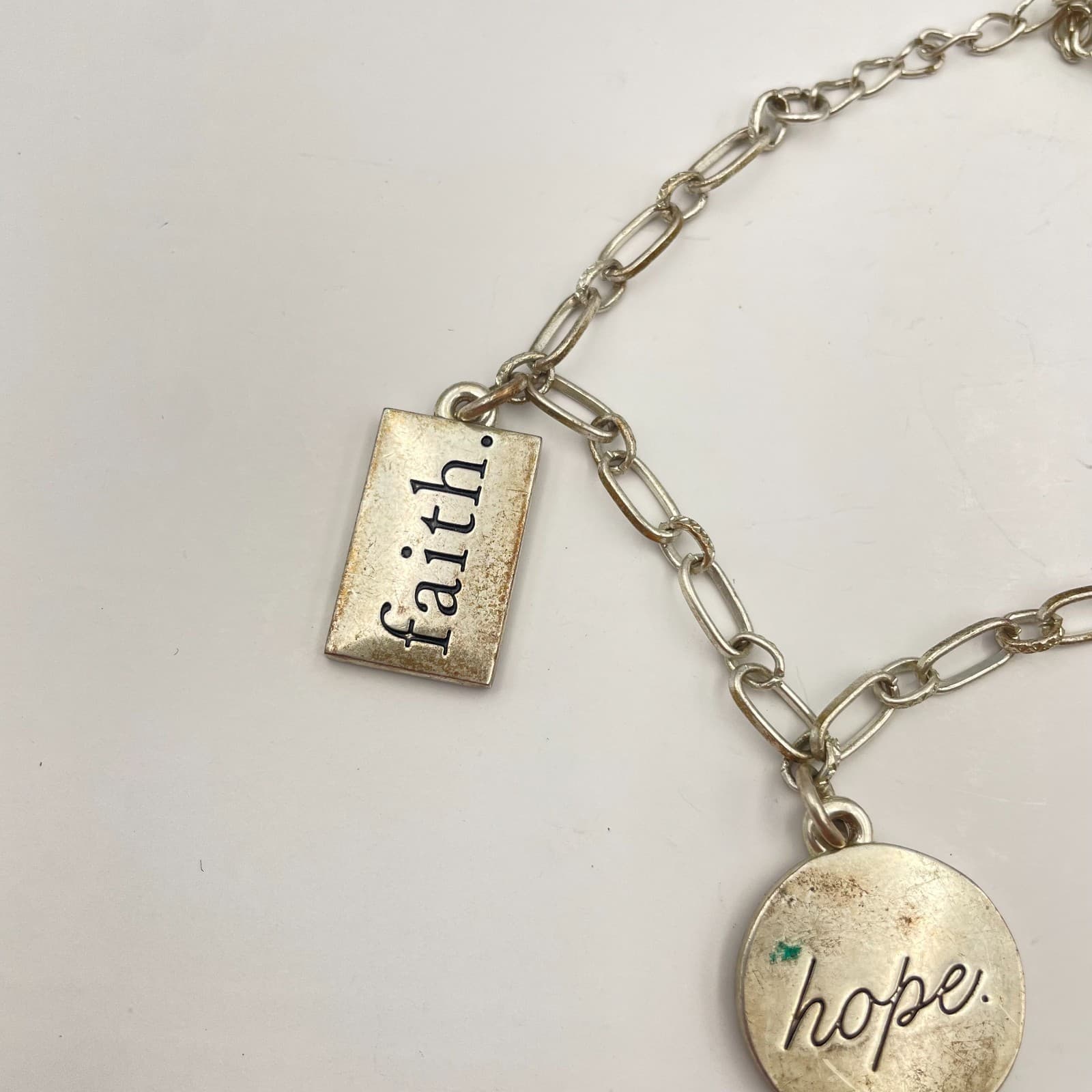 Vintage 90s Silver Charm Bracelet Faith Hope Love Paperclip Chain Dainty Jewelry - Thumbnail 3