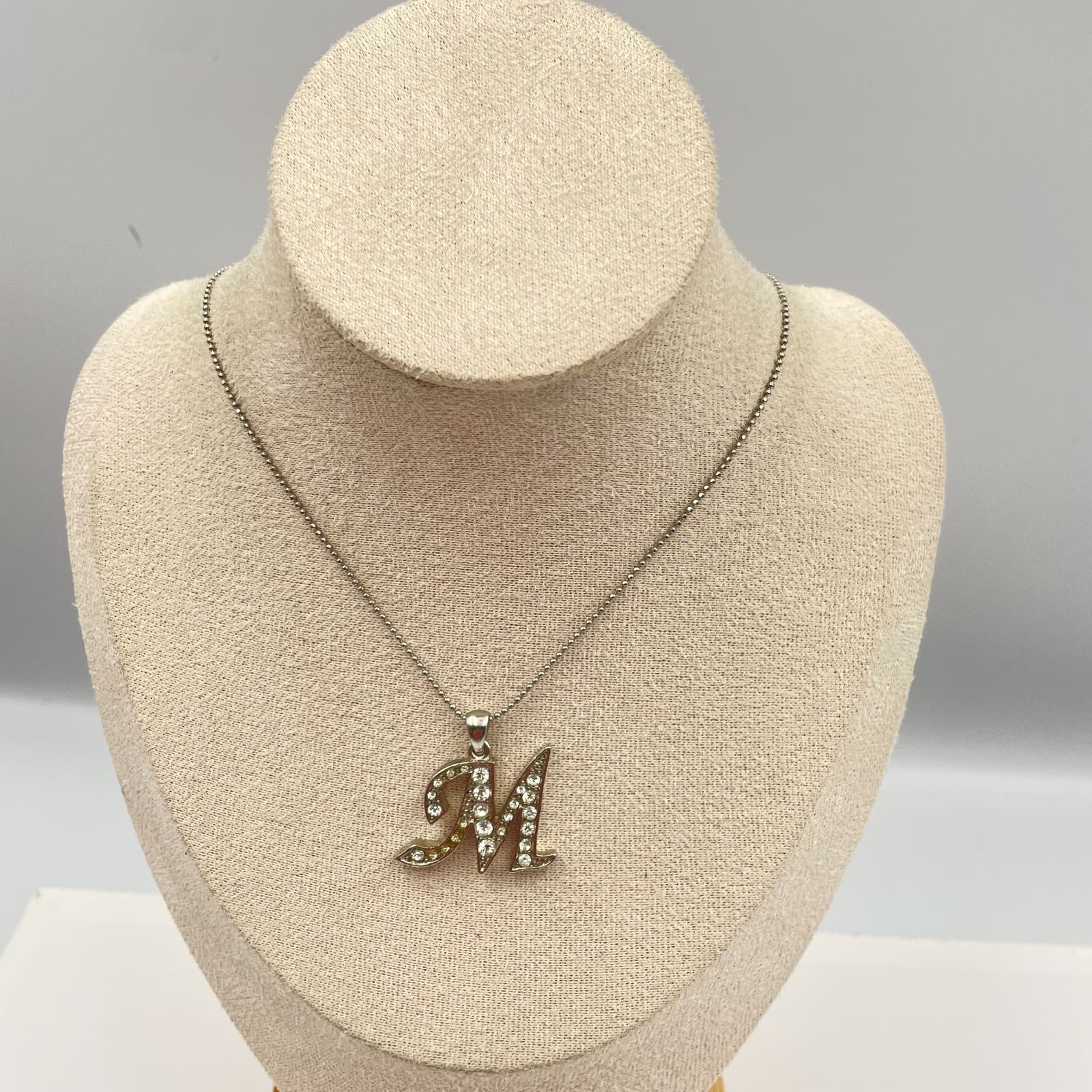 Vintage 80s Script M Pendant Necklace Silver Rhinestone Alphabet Letter Jewelry - Image 1