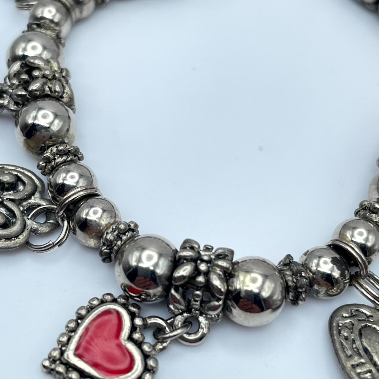 Y2K Bohemiam Silver-Tone Classic Elastic Ruby Shine Heart Multi-Charm Bracelet - Thumbnail 5