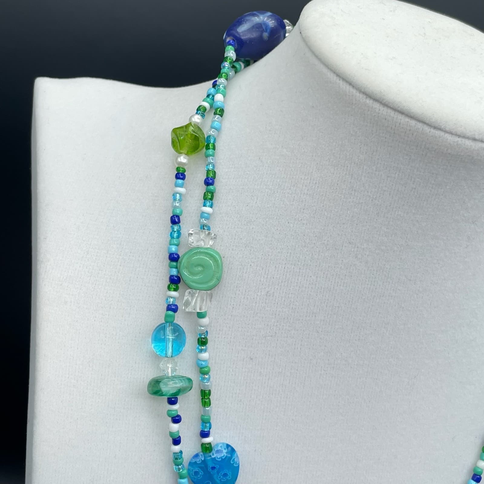 Vintage Teal Fashion Classic African Vinyl Disc Double-Stranded Beaded Necklace - Thumbnail 3