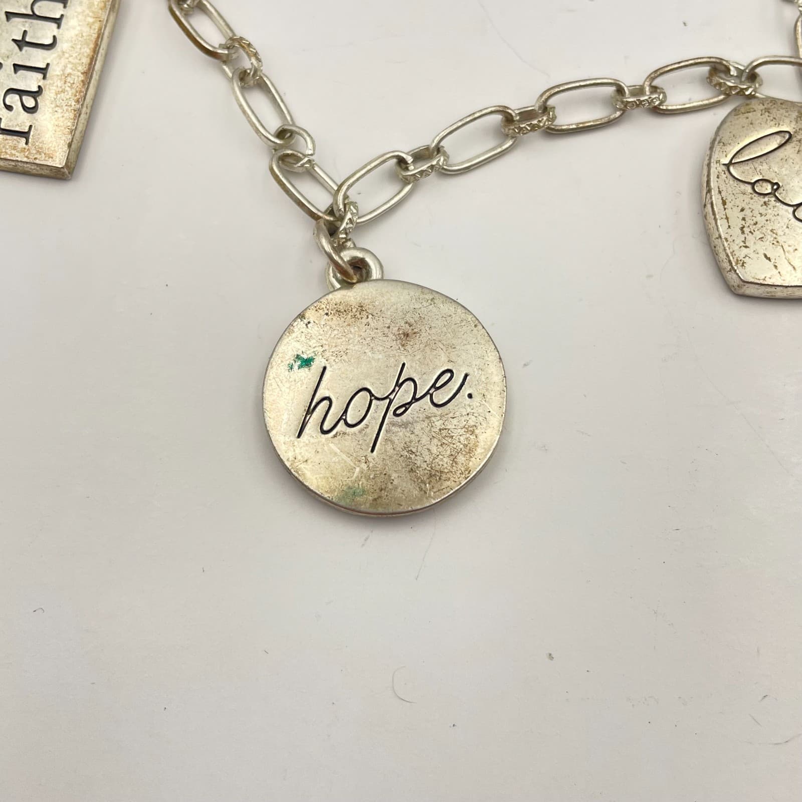 Vintage 90s Silver Charm Bracelet Faith Hope Love Paperclip Chain Dainty Jewelry - Thumbnail 4