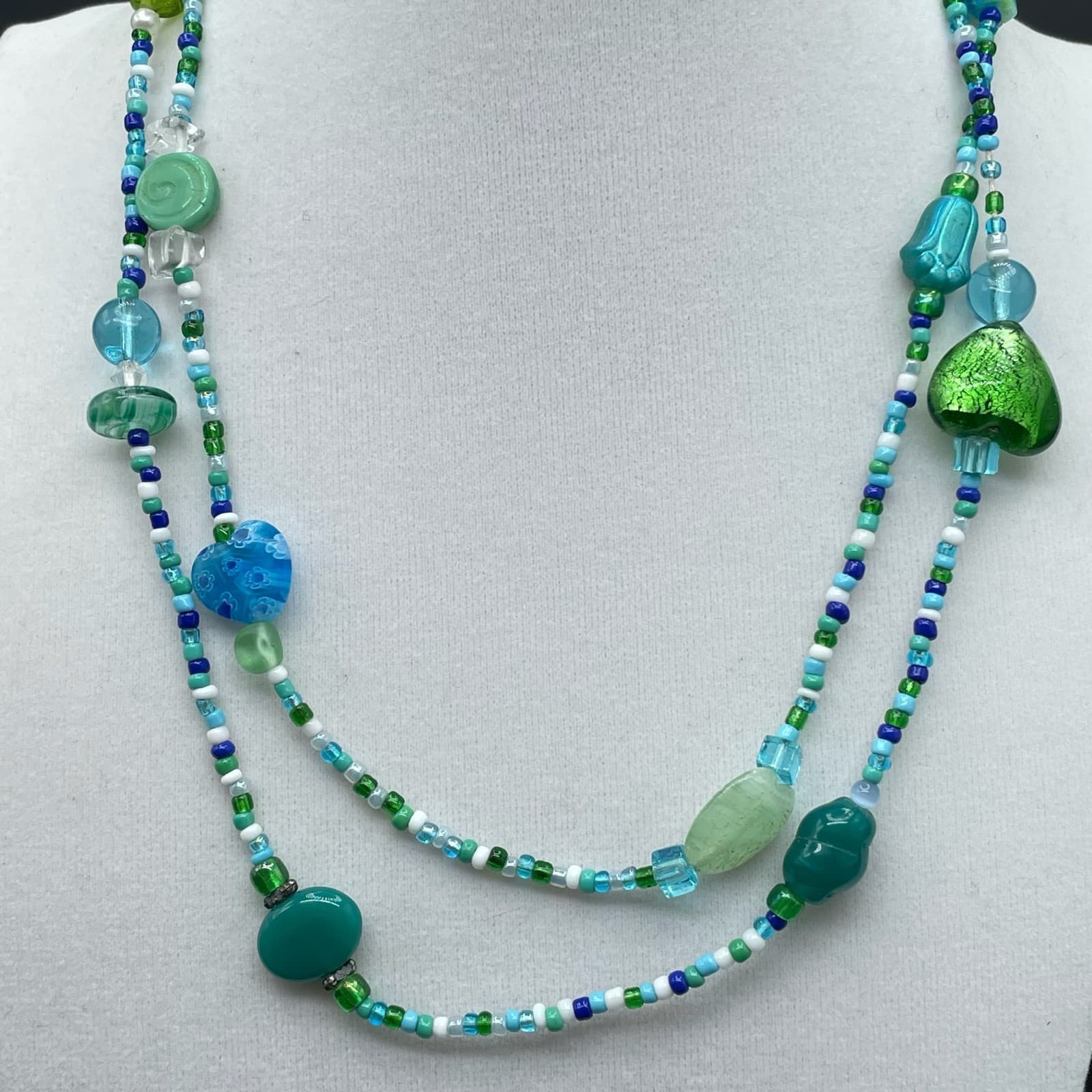 Vintage Teal Fashion Classic African Vinyl Disc Double-Stranded Beaded Necklace - Thumbnail 5