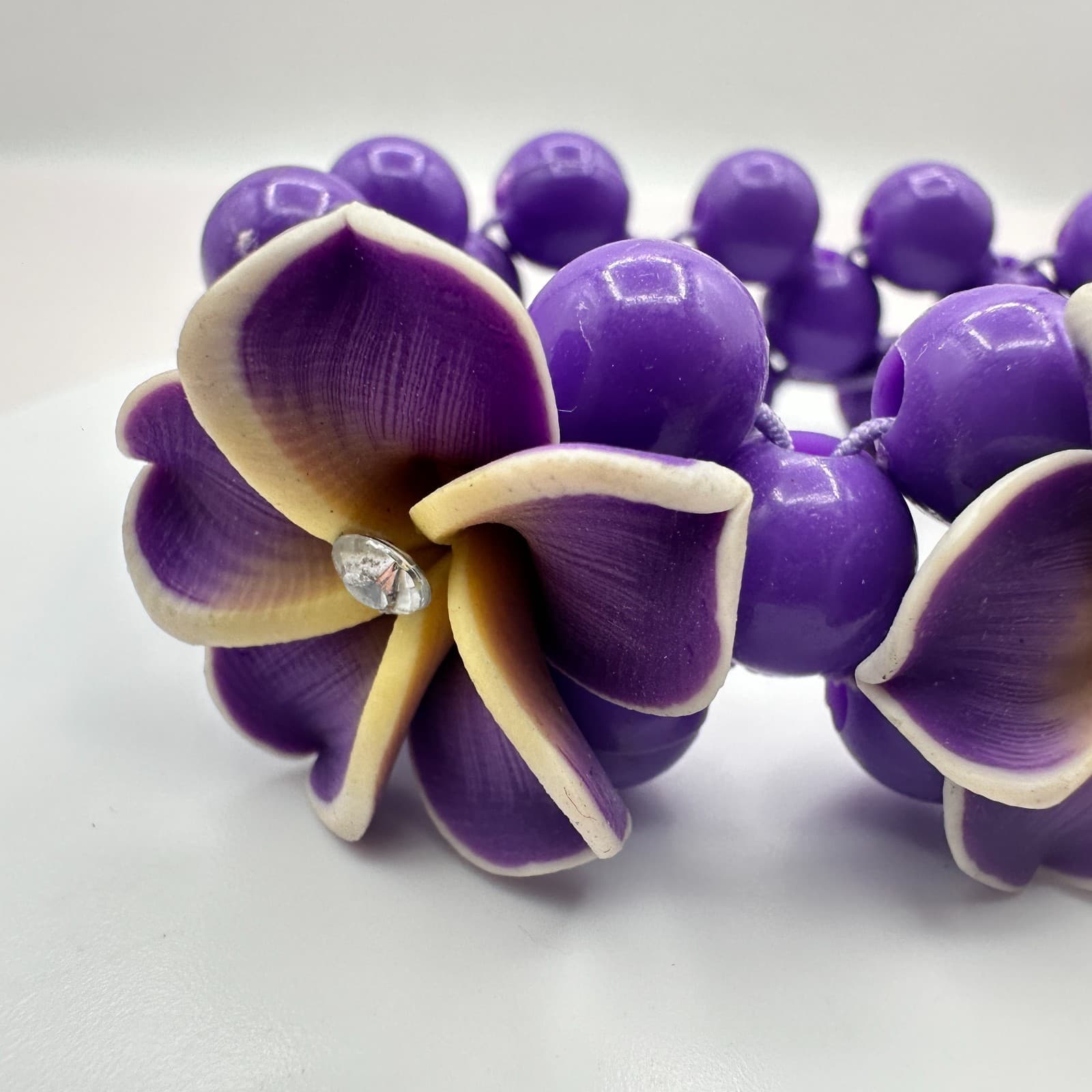 Vintage Y2K Clear Rhinestone Plumeria Floral Beaded Stretch Bracelet Jewelry - Thumbnail 4