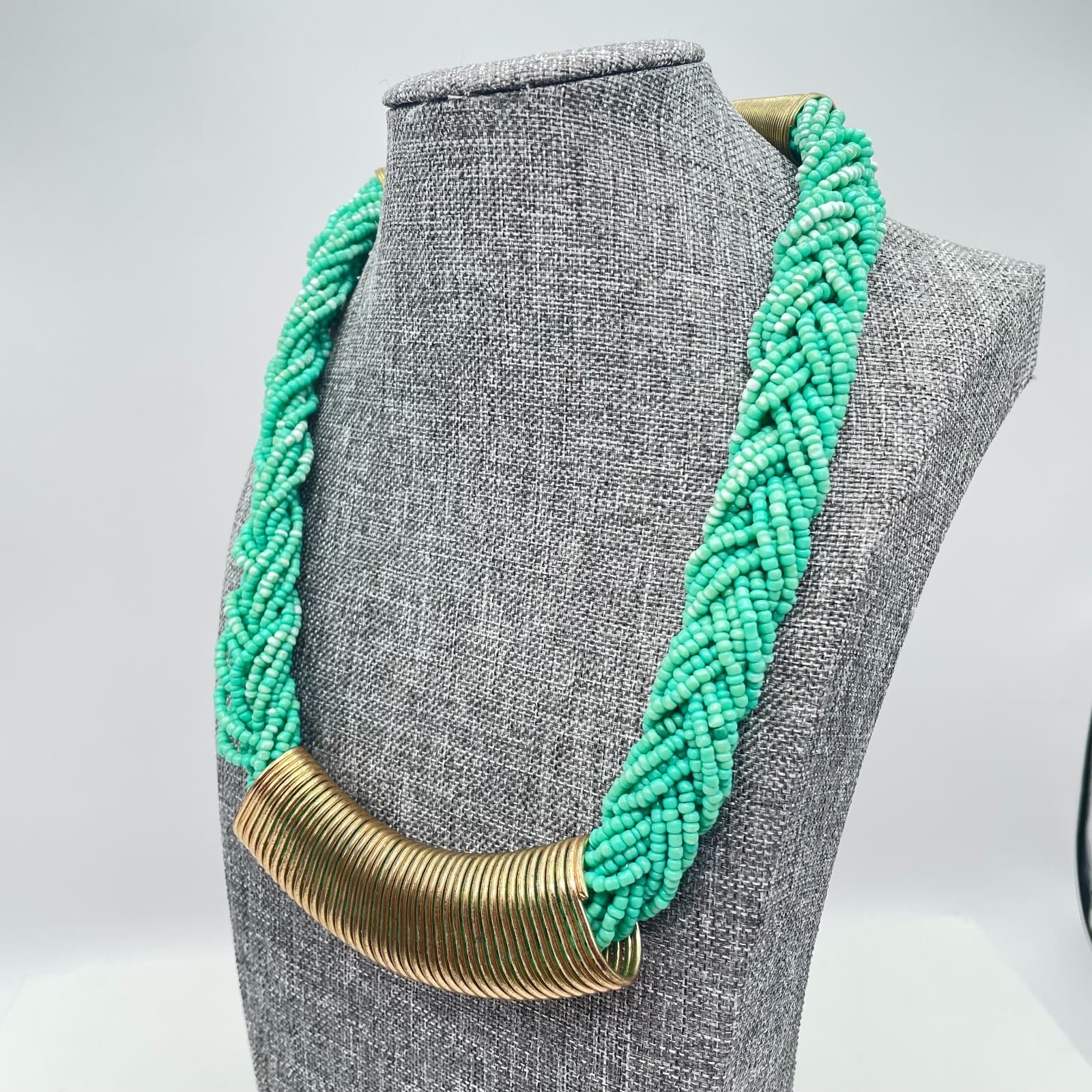 Vintage Y2k Turquoise or mint green braided seed bead statement necklace Jewelry - Thumbnail 3