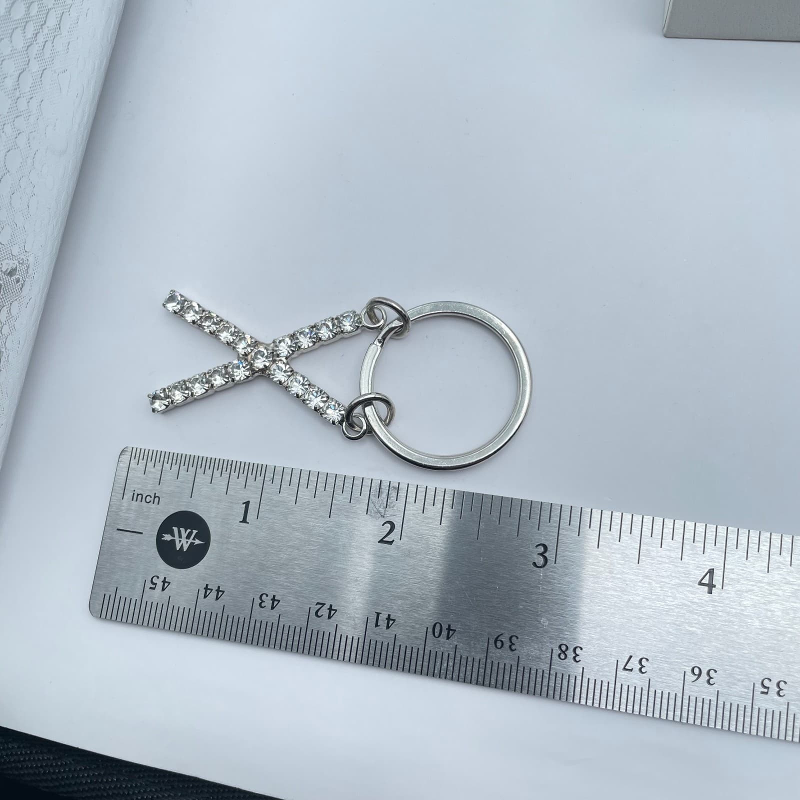 Vintage Silver-Tone Rhinestone-Encrusted Inlaided Initial Letter "X" Keychain - Thumbnail 2