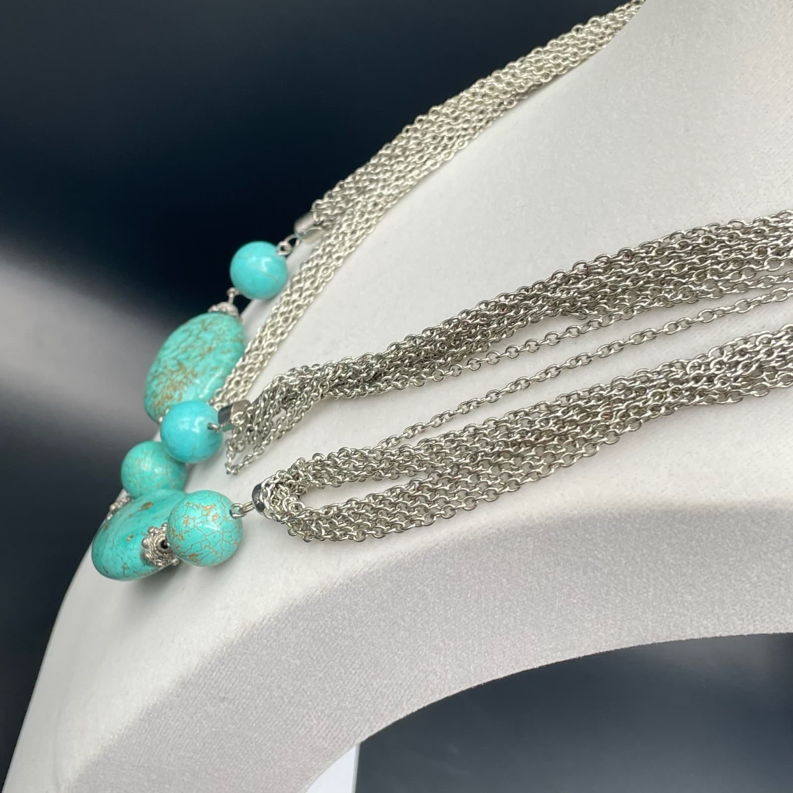 Vintage Silver Tone Bohemian Oval Spherical Turquoise Multi-Chain Necklace - Thumbnail 6