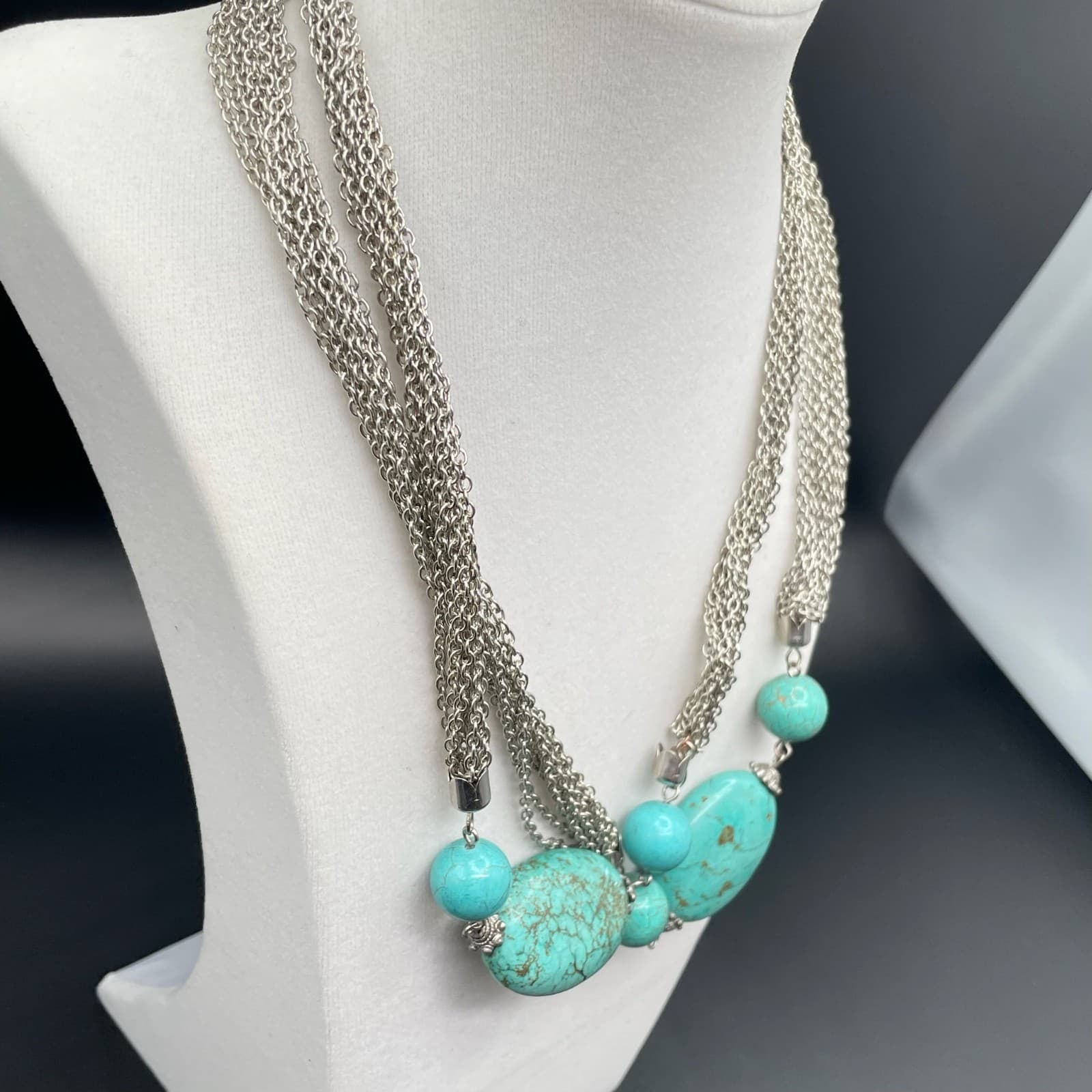 Vintage Silver Tone Bohemian Oval Spherical Turquoise Multi-Chain Necklace - Thumbnail 2