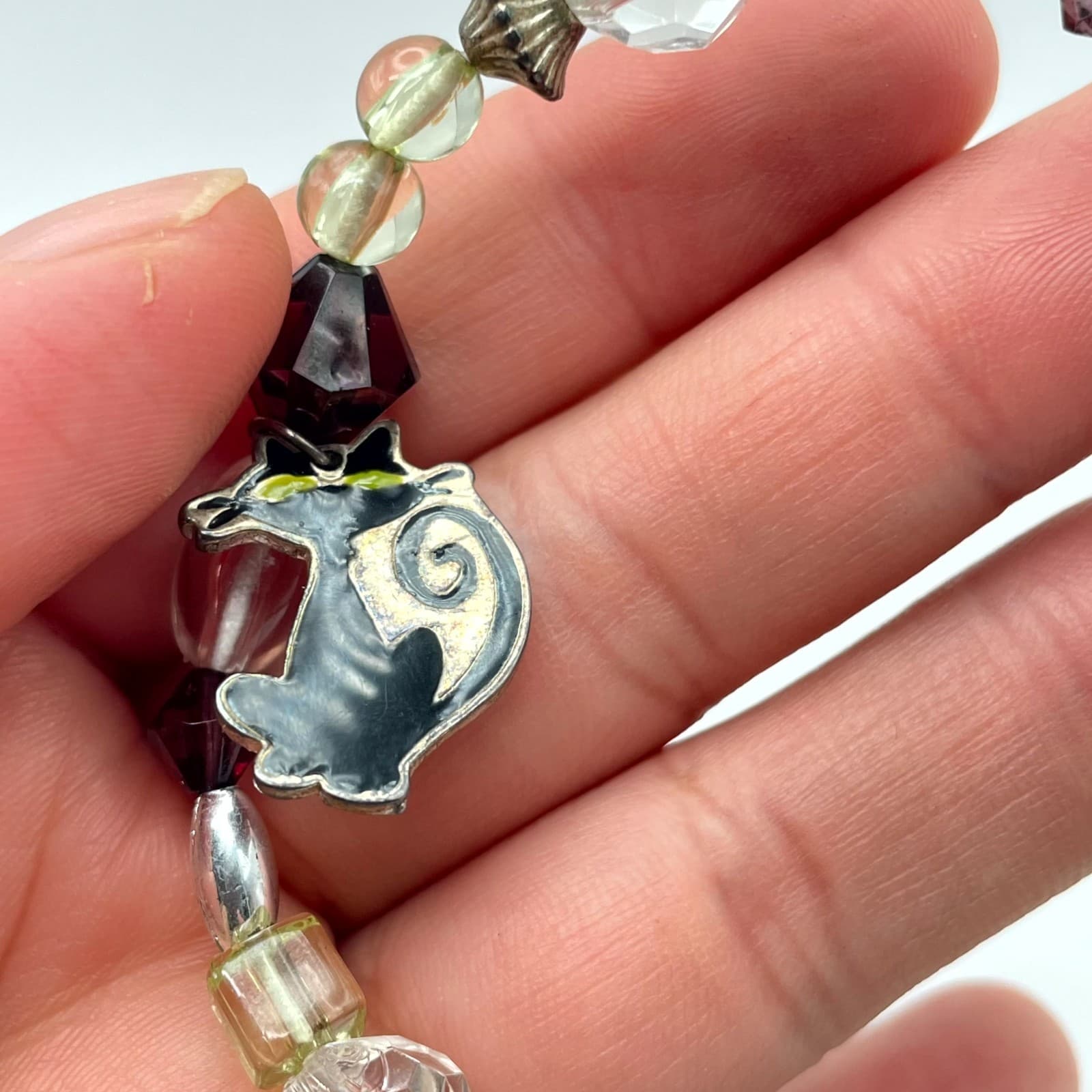 Contemporary Gold-Tone Classic Stretch Faceted Glass Beaded Cat Charm Bracelet - Thumbnail 5