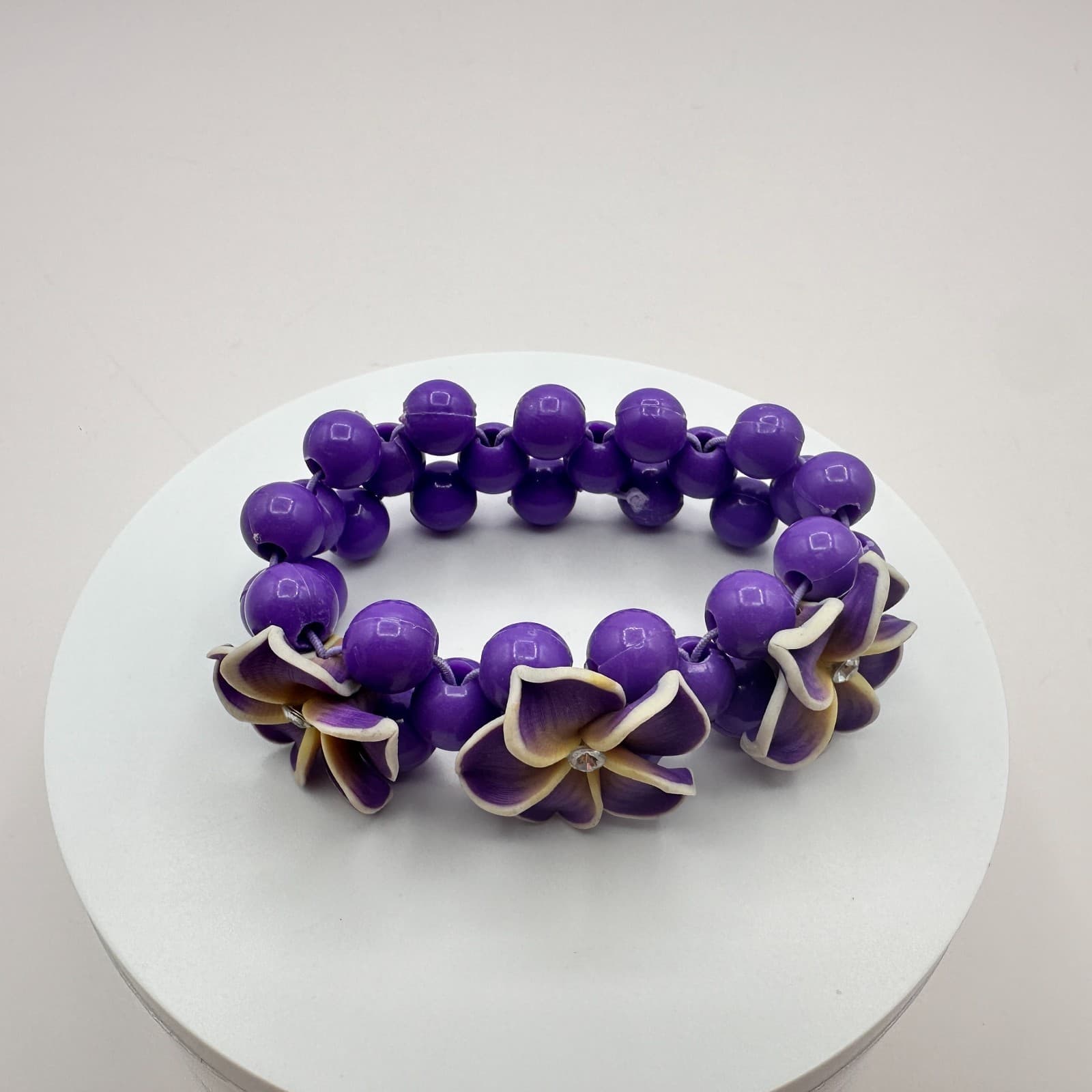 Vintage Y2K Clear Rhinestone Plumeria Floral Beaded Stretch Bracelet Jewelry - Thumbnail 2