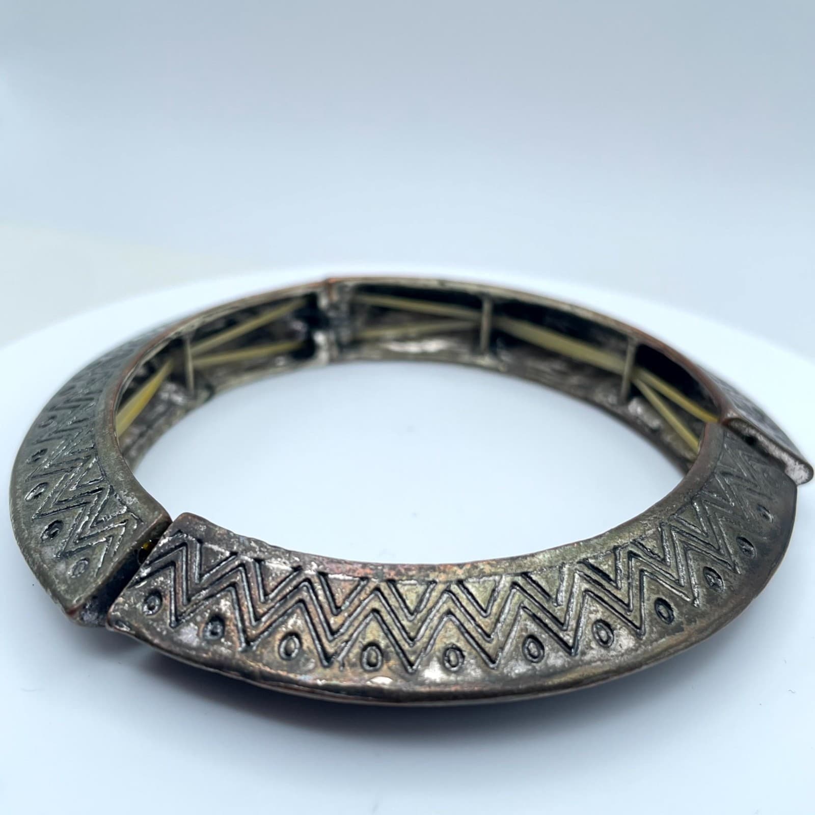 Antique Bronze-Tone Tribal Bohemian Chevron Engraved Segmented Stretch Bangle - Image 1