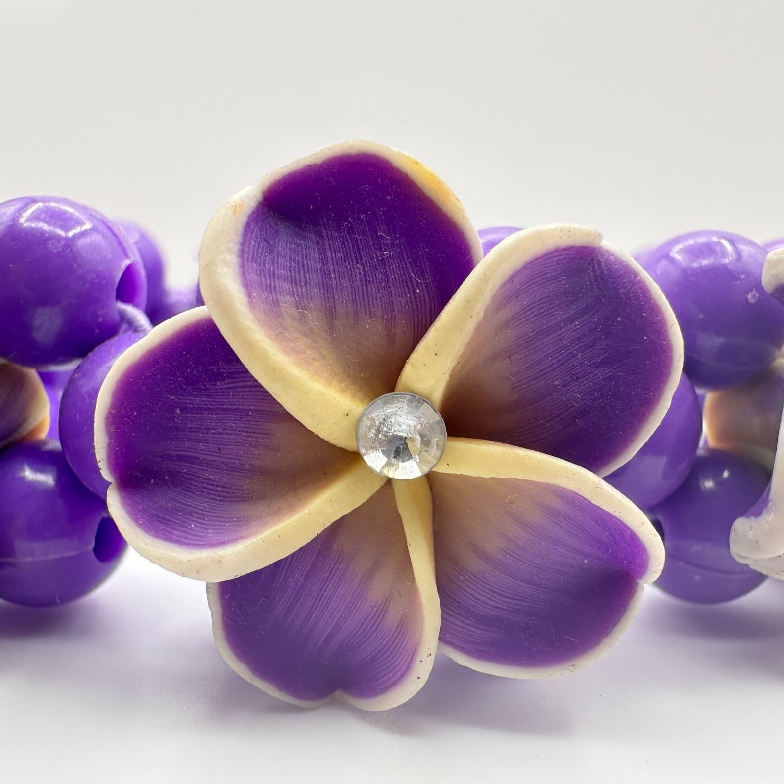 Vintage Y2K Clear Rhinestone Plumeria Floral Beaded Stretch Bracelet Jewelry - Thumbnail 5