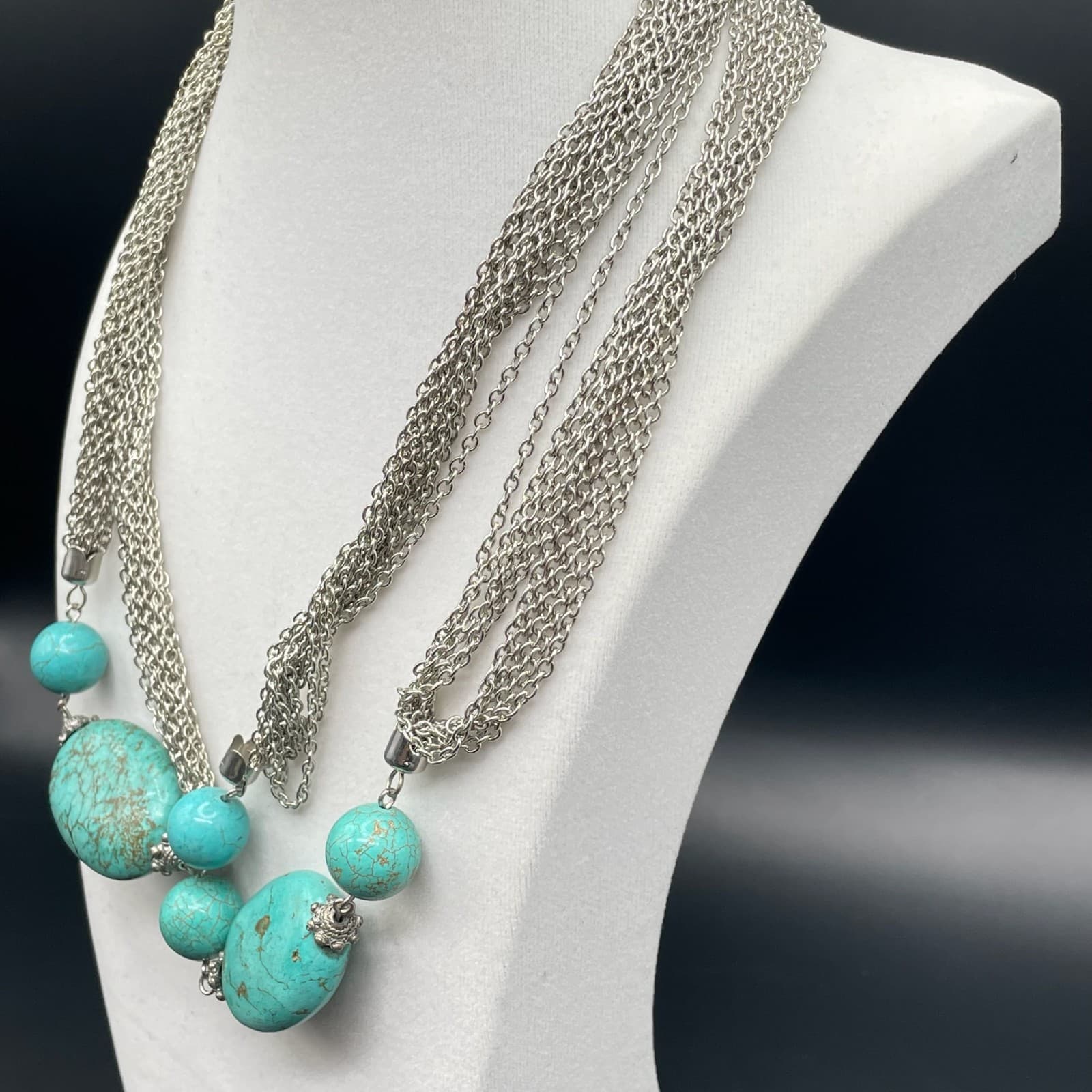 Vintage Silver Tone Bohemian Oval Spherical Turquoise Multi-Chain Necklace - Thumbnail 5