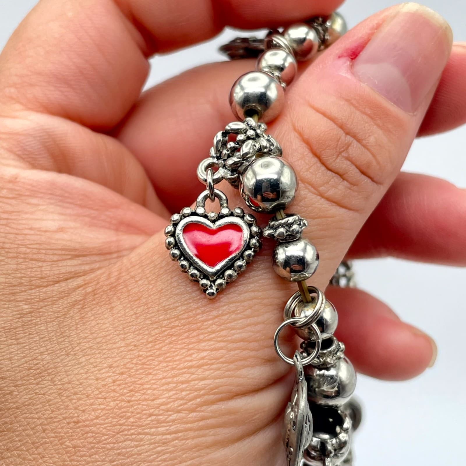 Y2K Bohemiam Silver-Tone Classic Elastic Ruby Shine Heart Multi-Charm Bracelet - Thumbnail 11