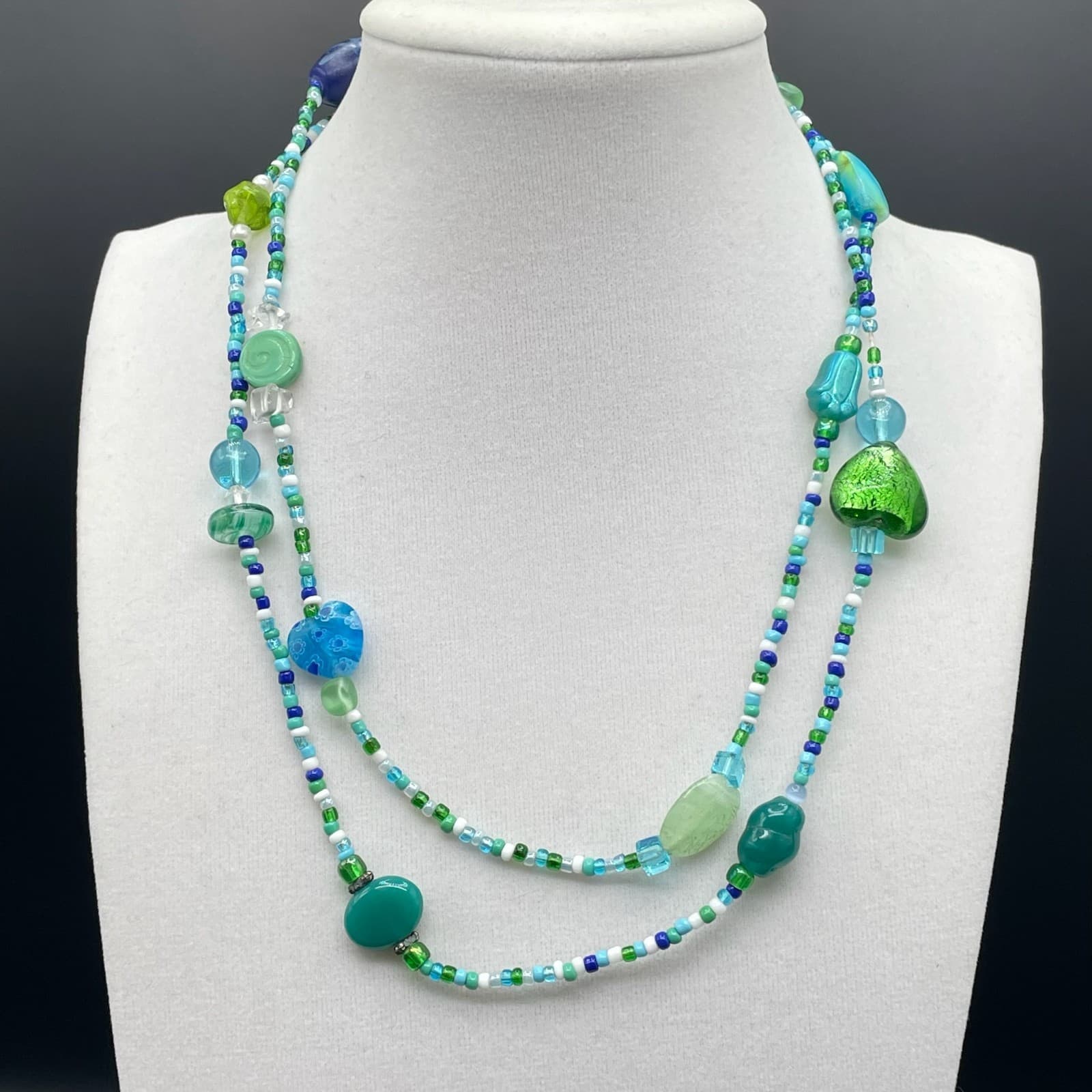 Vintage Teal Fashion Classic African Vinyl Disc Double-Stranded Beaded Necklace - Thumbnail 2