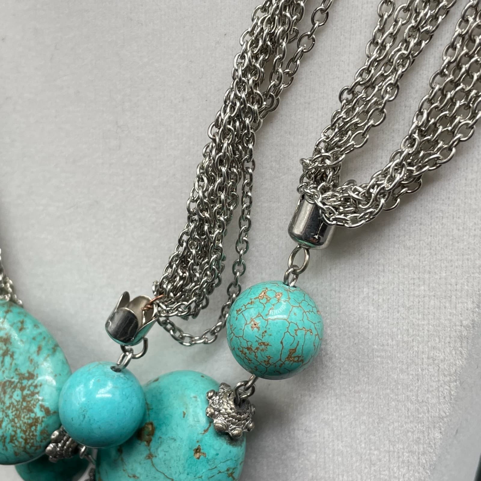Vintage Silver Tone Bohemian Oval Spherical Turquoise Multi-Chain Necklace - Thumbnail 8