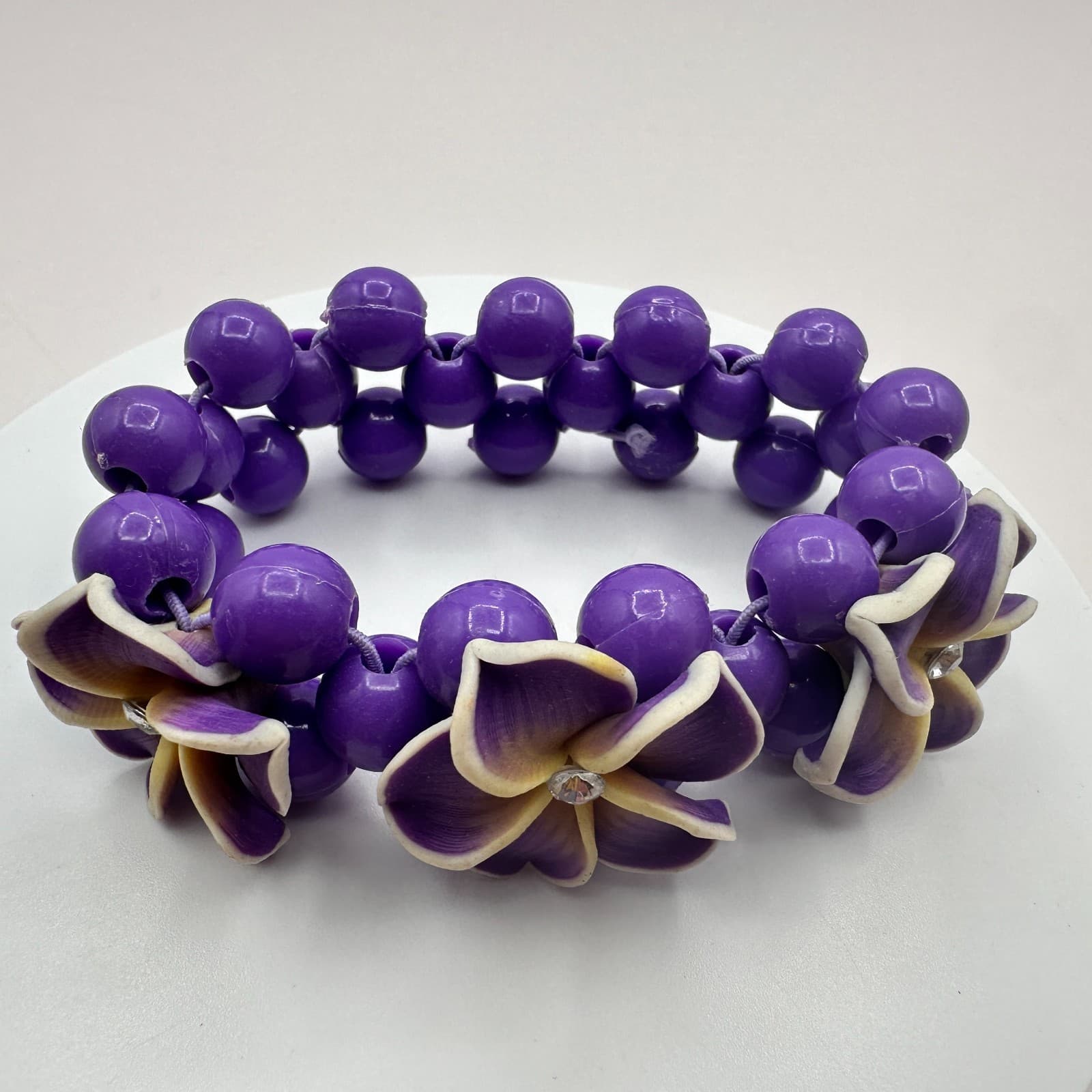 Vintage Y2K Clear Rhinestone Plumeria Floral Beaded Stretch Bracelet Jewelry - Thumbnail 3