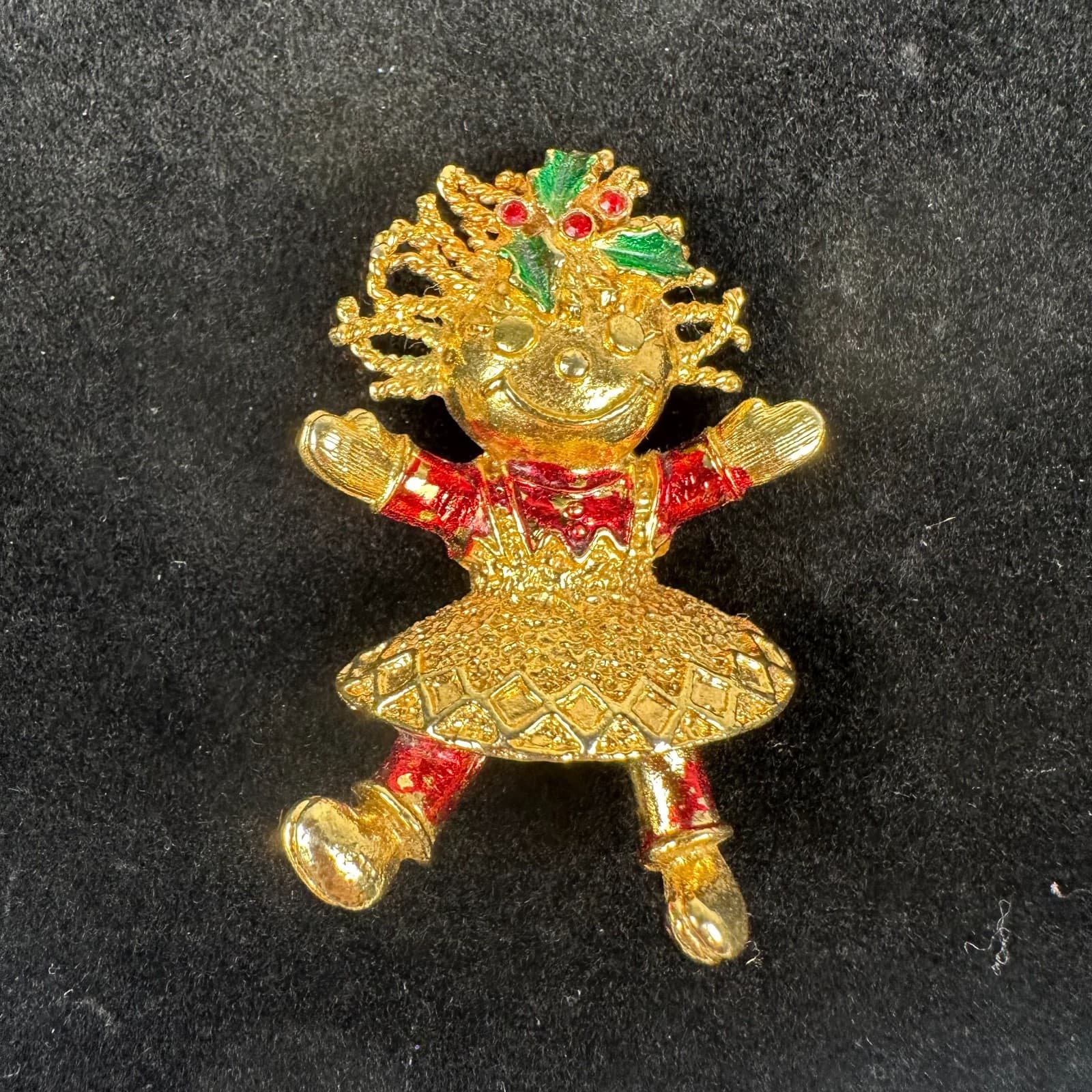 Vintage Christmas Girl Brooch Gold-Tone Red & Green Holiday Pin - Image 1