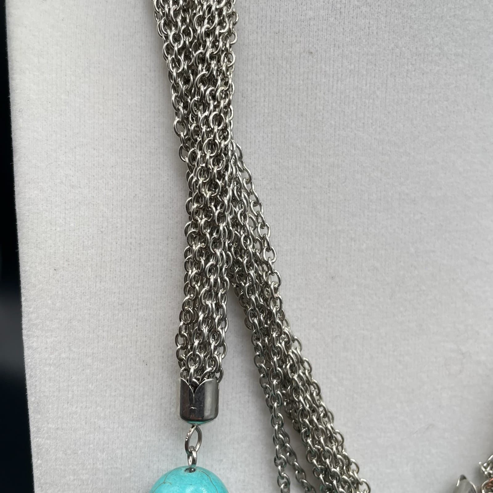 Vintage Silver Tone Bohemian Oval Spherical Turquoise Multi-Chain Necklace - Thumbnail 3