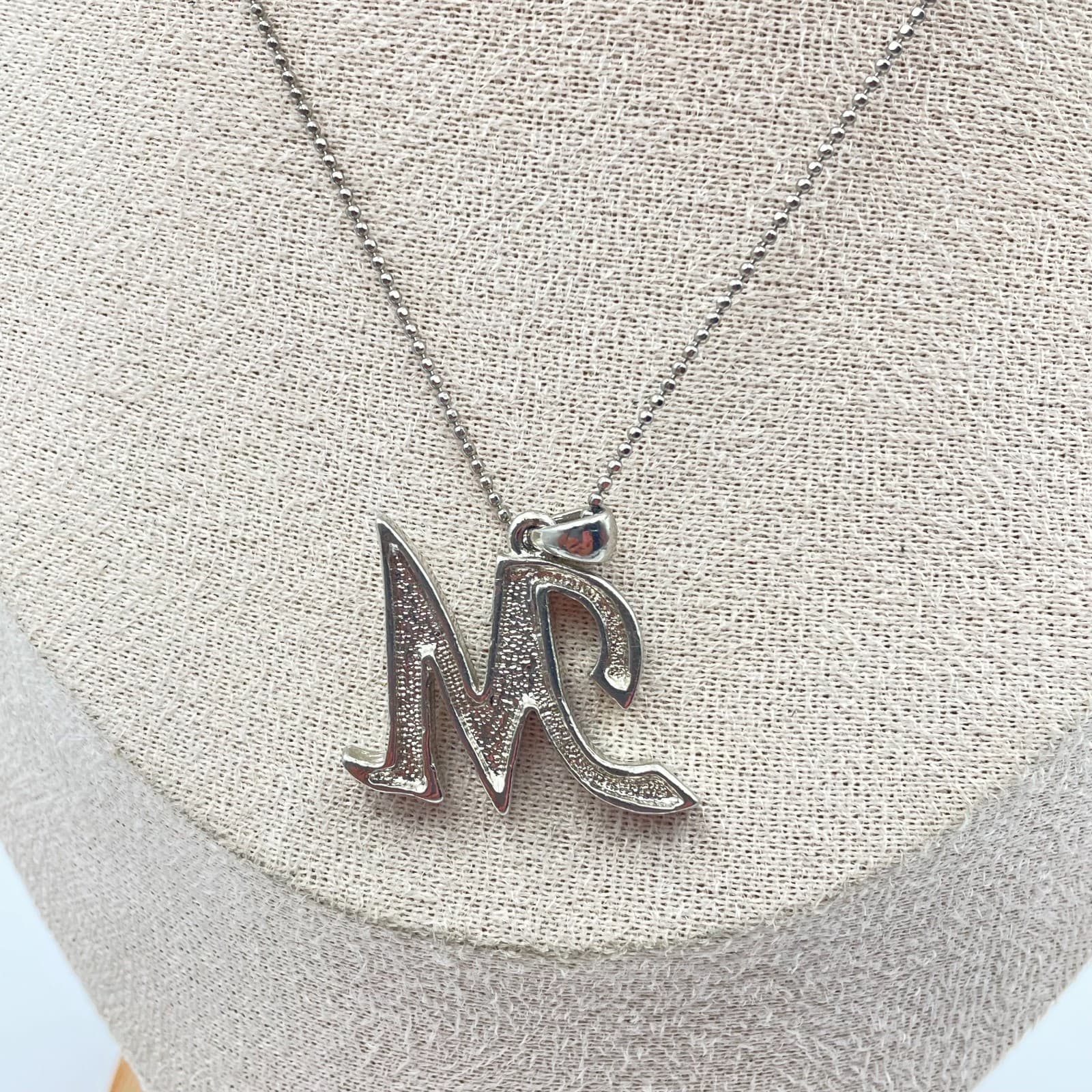 Vintage 80s Script M Pendant Necklace Silver Rhinestone Alphabet Letter Jewelry - Thumbnail 5