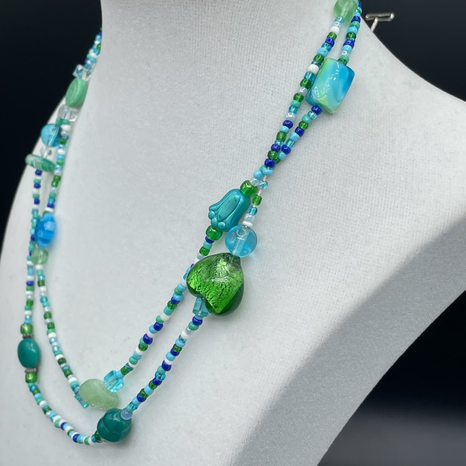 Vintage Teal Fashion Classic African Vinyl Disc Double-Stranded Beaded Necklace - Thumbnail 6