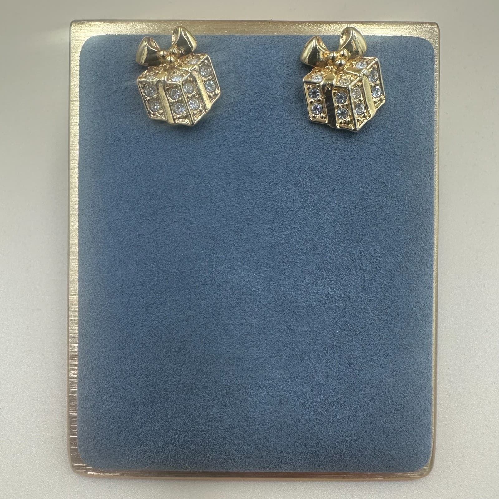 Vintage Goldtone Crystal Gift Box Earrings – Sparkling Holiday Present Studs - Image 1
