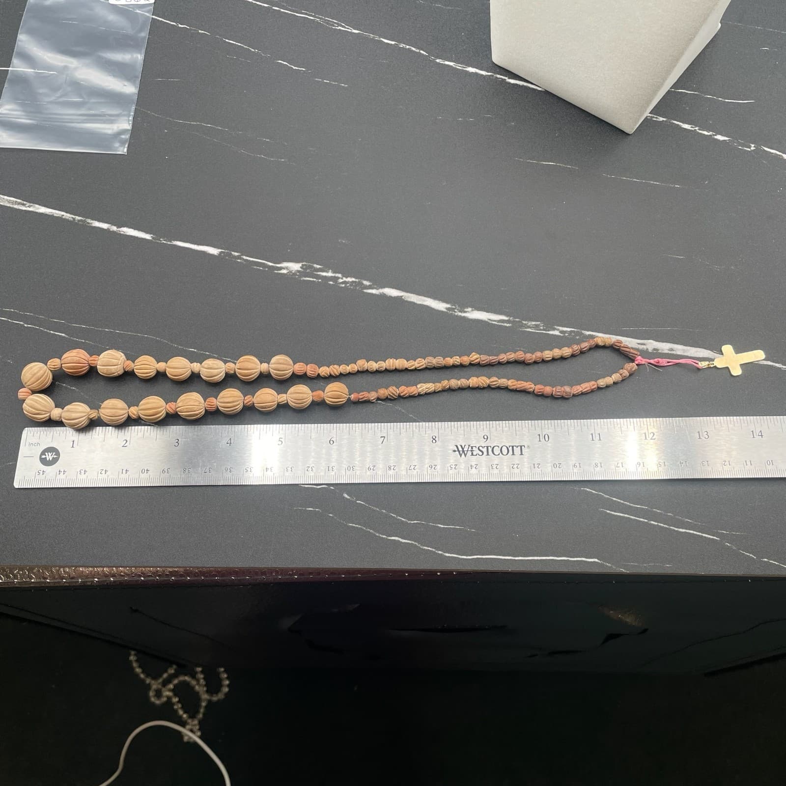 Vintage Beige Religious Terracotta Clay Beaded Cloisonné Cross Pendant Necklace - Thumbnail 11