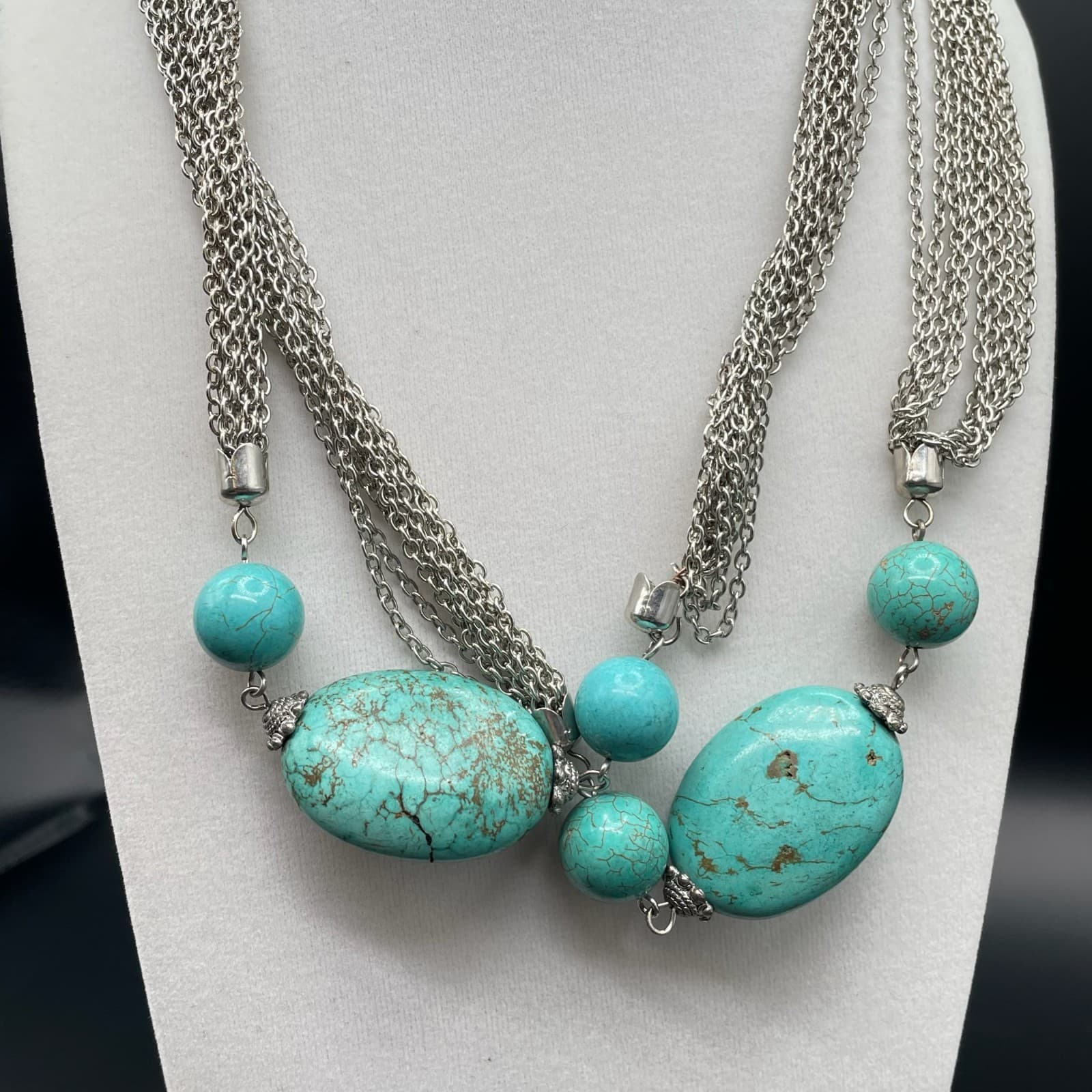 Vintage Silver Tone Bohemian Oval Spherical Turquoise Multi-Chain Necklace - Thumbnail 4