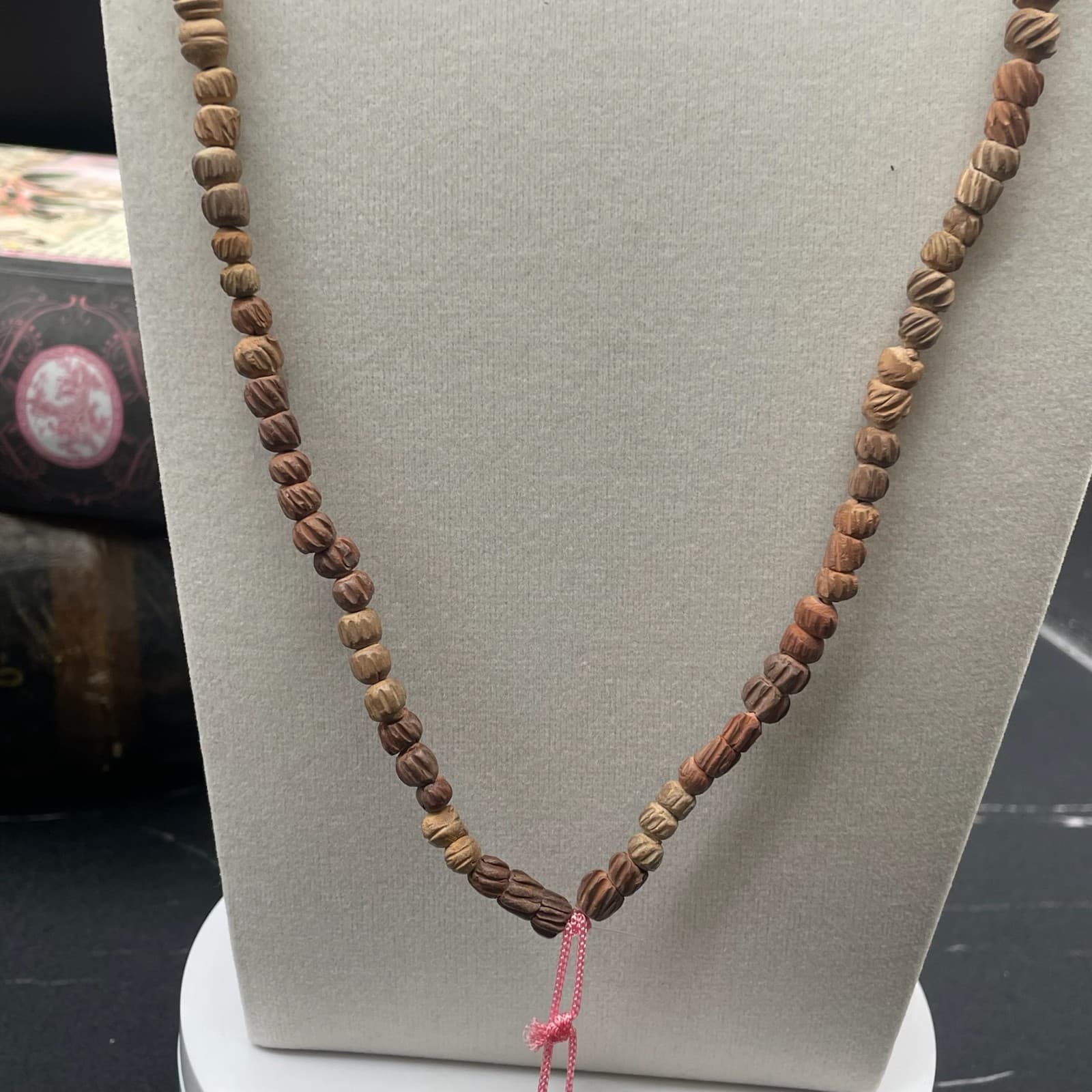 Vintage Beige Religious Terracotta Clay Beaded Cloisonné Cross Pendant Necklace - Thumbnail 8