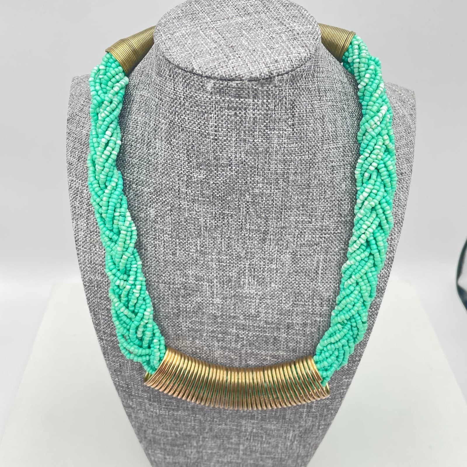 Vintage Y2k Turquoise or mint green braided seed bead statement necklace Jewelry - Thumbnail 2