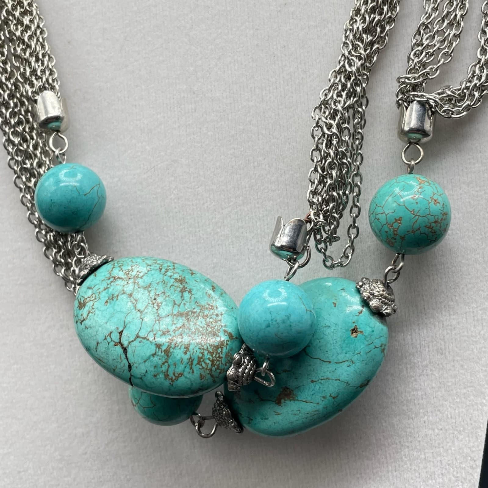 Vintage Silver Tone Bohemian Oval Spherical Turquoise Multi-Chain Necklace - Thumbnail 7