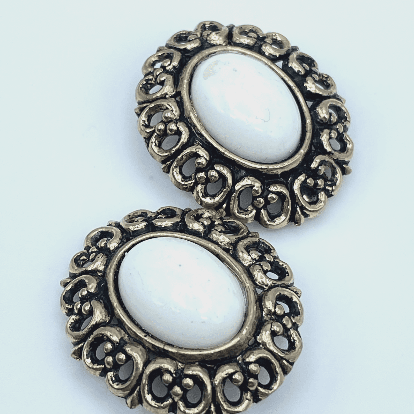 Vintage Gold-Tone Victorian Filigree Border Center Bead Clip-On Button Earrings - Thumbnail 2