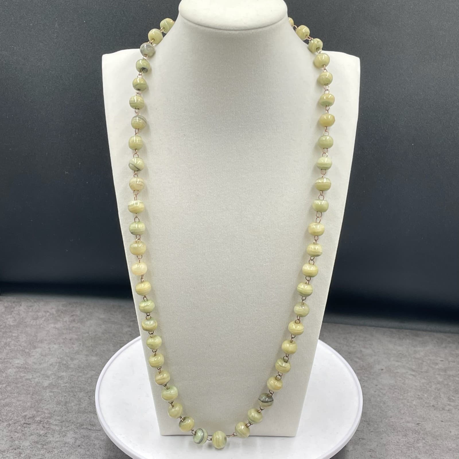 Vintage Silver-Tone Pale Green Marble Beaded Classic Rosary-Style Necklace - Image 1