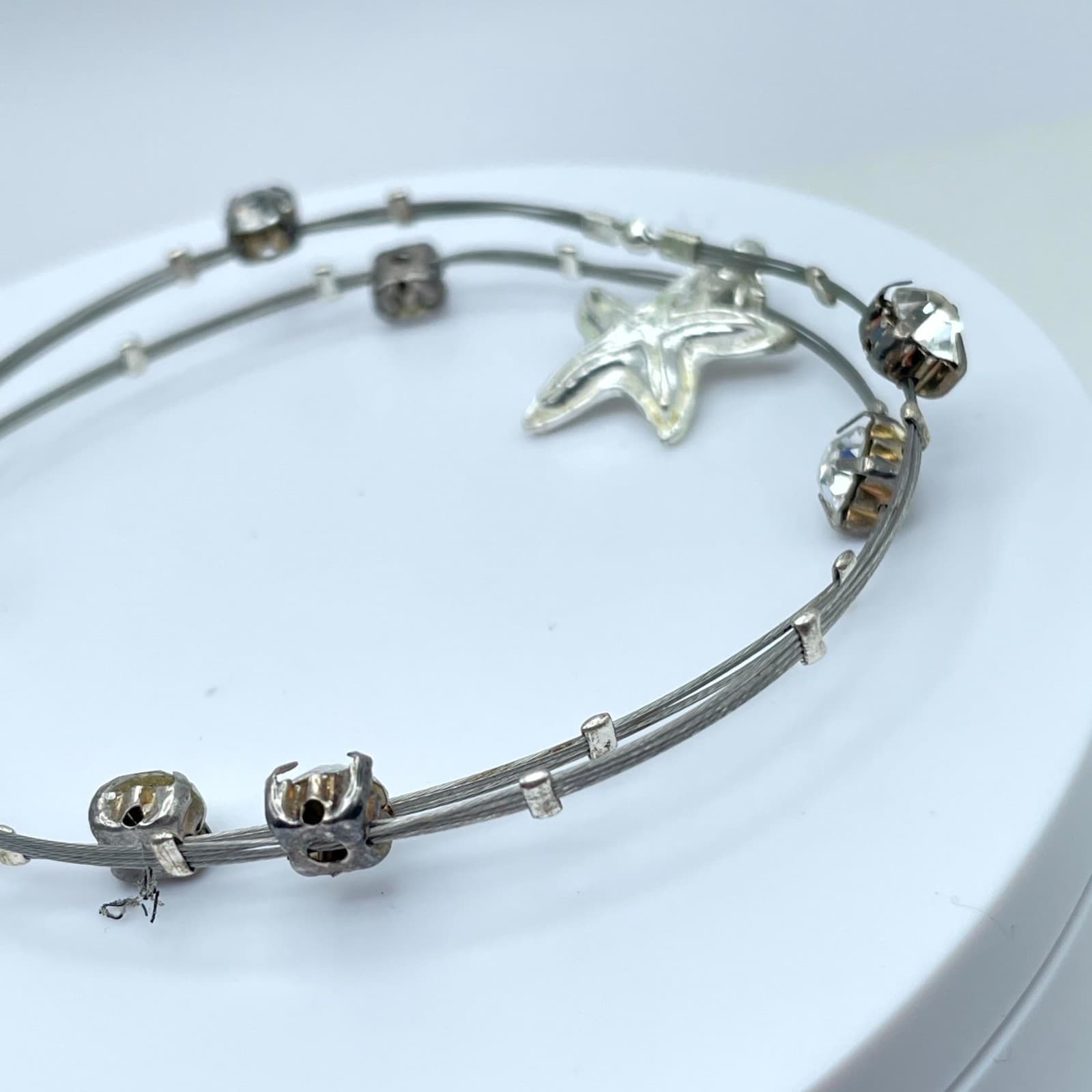 Vintage Silver-Tone Prong Starfish Affinity Double Strand Wire Bangle Bracelet - Thumbnail 6