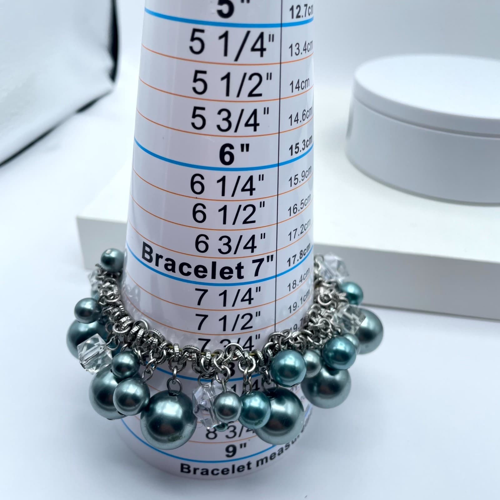 Vintage Silver-Tone Blue Mother Of Pearls Beaded Chunky Statement Chain Bracelet - Thumbnail 10