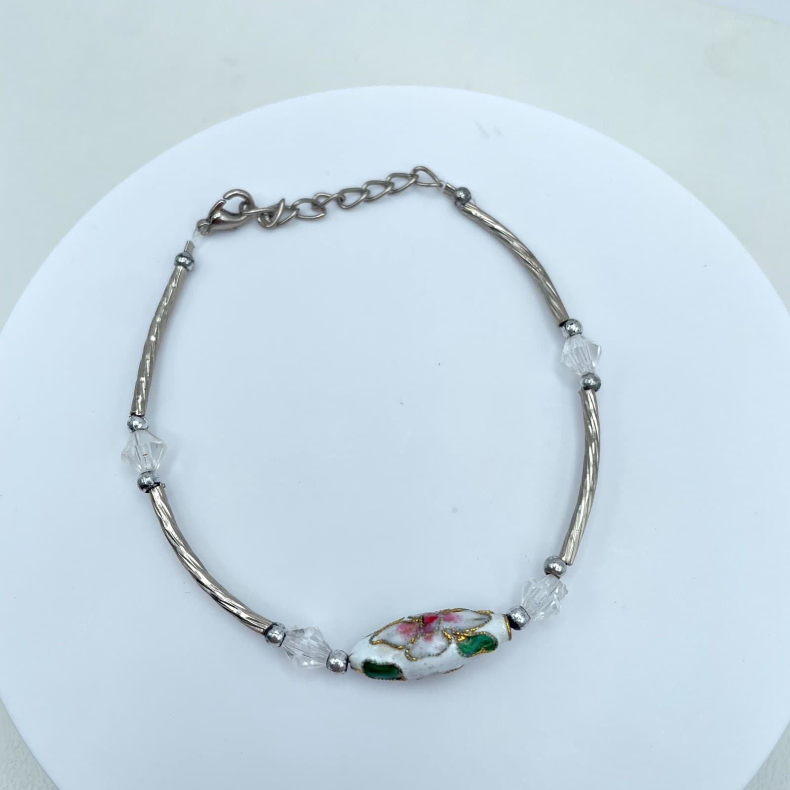 Vintage Silver-Tone Adjustable Faceted Glass Floral Ceramic Bead Chain Bracelet - Thumbnail 2