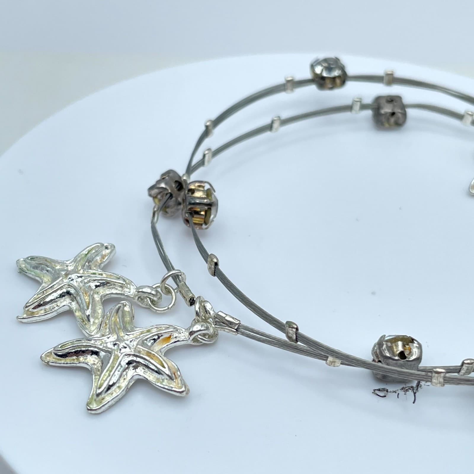 Vintage Silver-Tone Prong Starfish Affinity Double Strand Wire Bangle Bracelet - Thumbnail 5