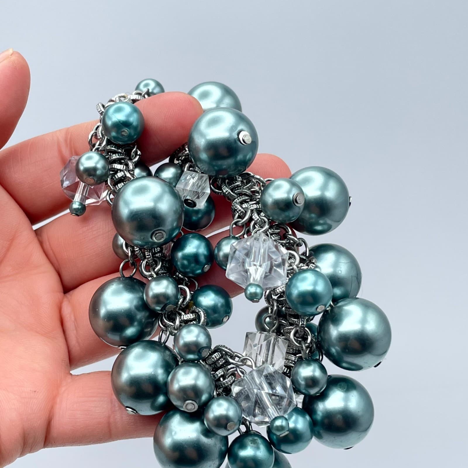 Vintage Silver-Tone Blue Mother Of Pearls Beaded Chunky Statement Chain Bracelet - Thumbnail 9