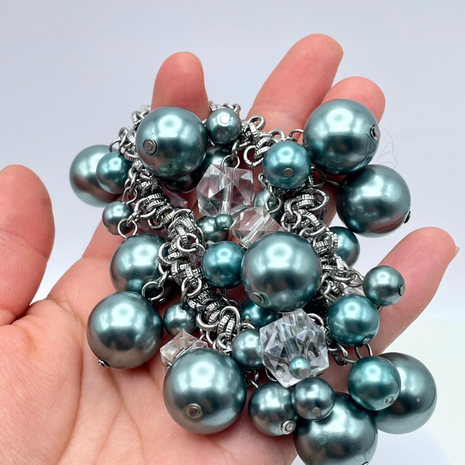 Vintage Silver-Tone Blue Mother Of Pearls Beaded Chunky Statement Chain Bracelet - Thumbnail 6