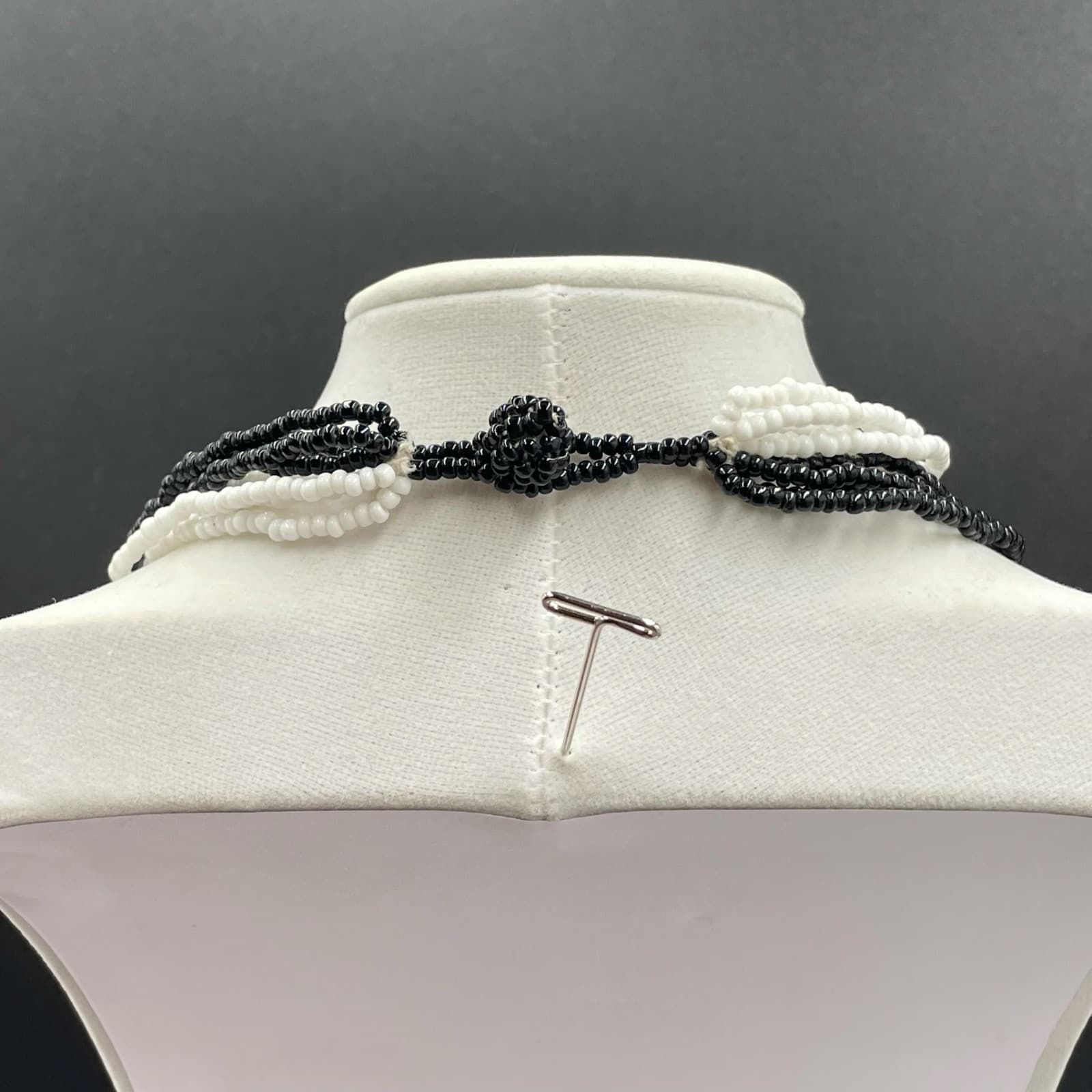 Vintage Multi-Strand Black White Glass Seed Retro Beaded Necklace - Size 20" - Thumbnail 6