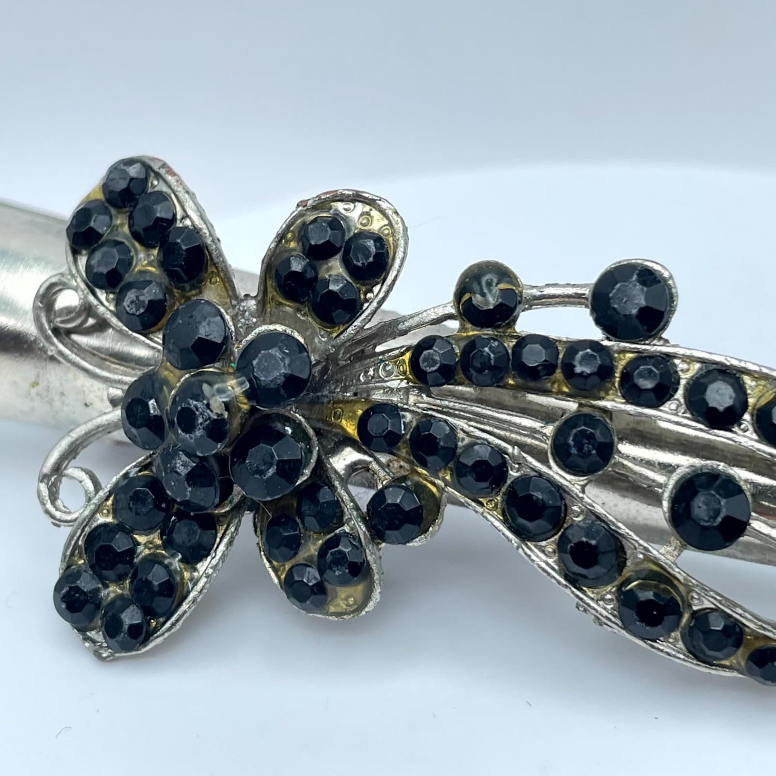 Vintage Silver-Tone Black Classic Faceted Glass Floral Beads Alligator Hair Clip - Thumbnail 8