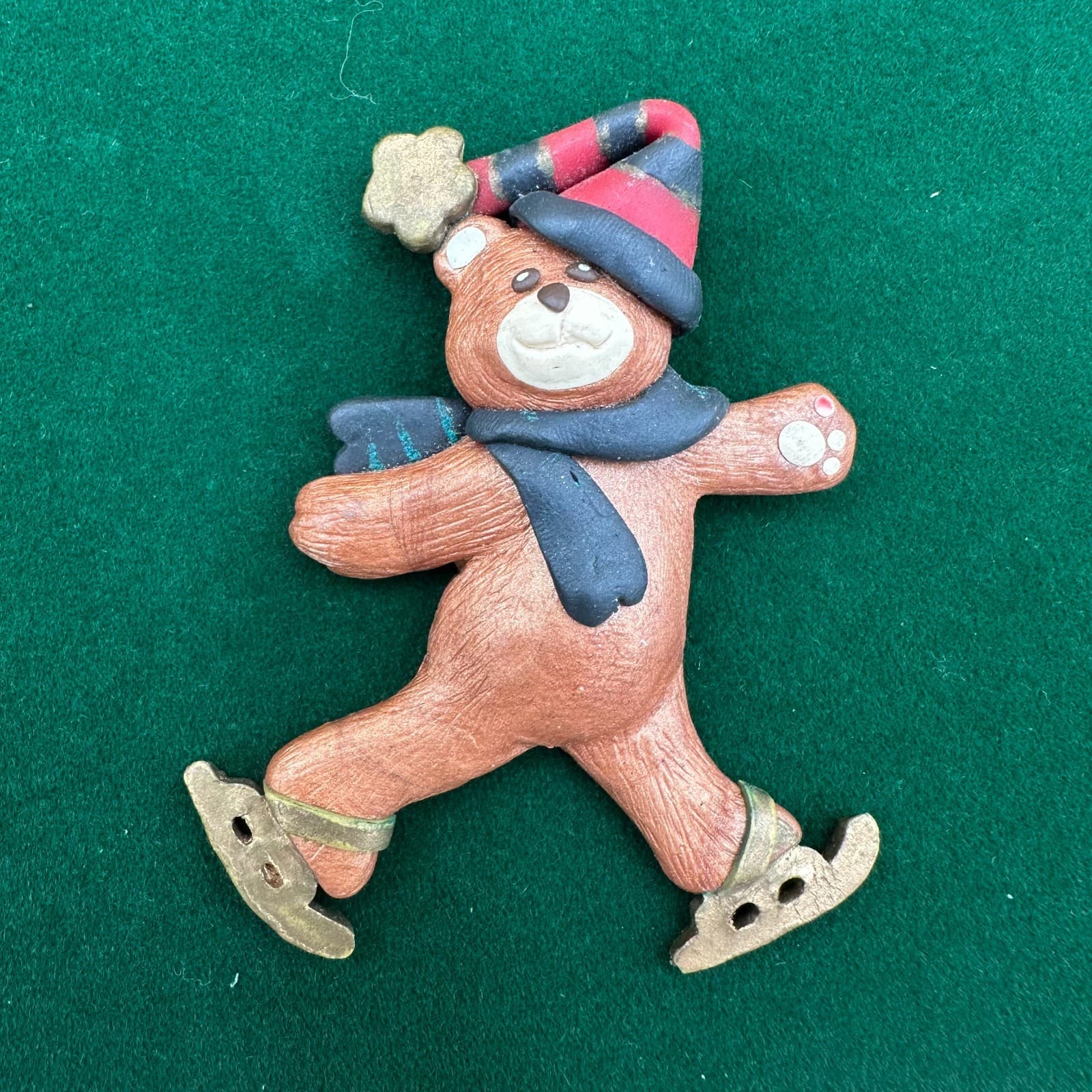 Vintage Ice Skating Teddy Bear Brooch – Holiday Christmas Pin - Image 1