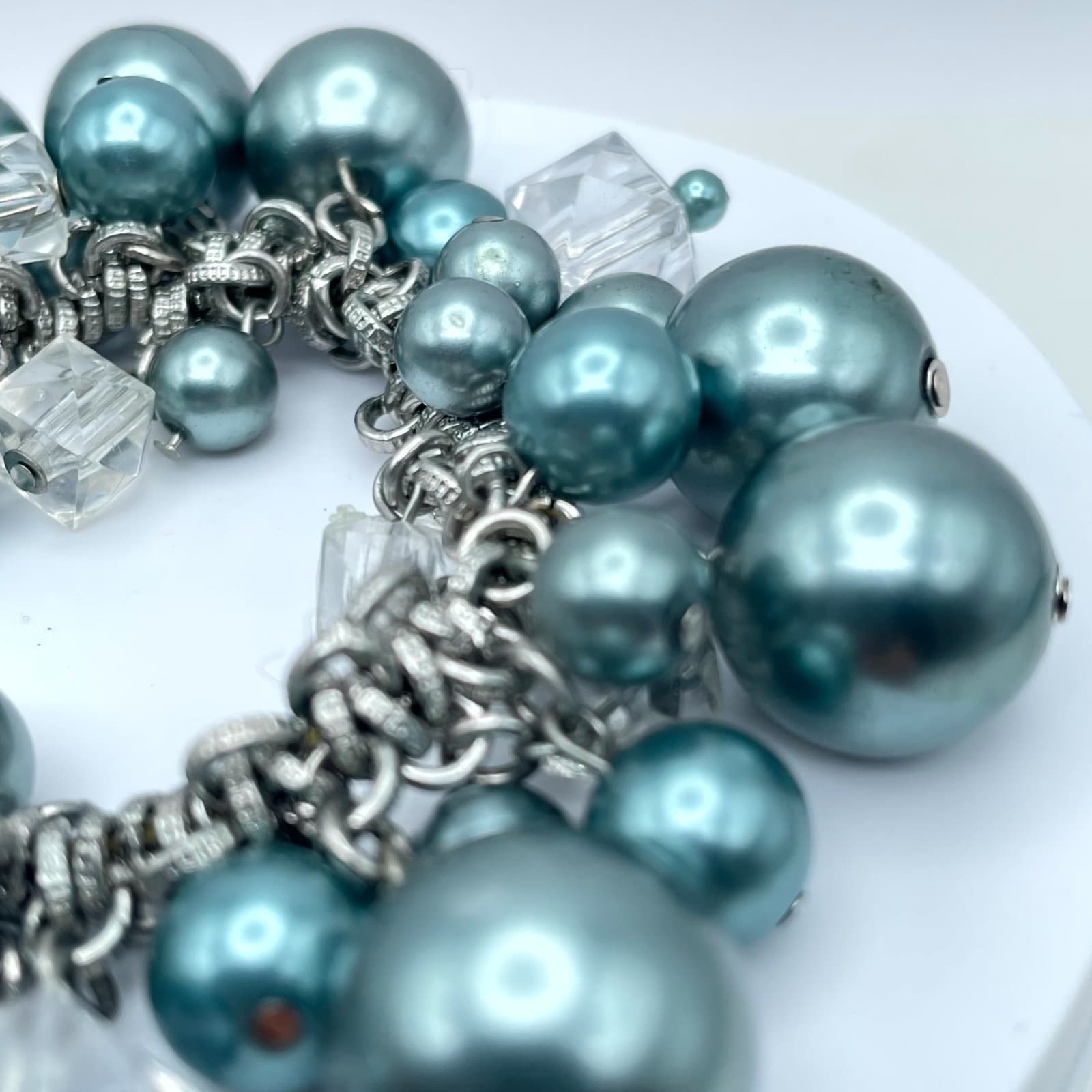 Vintage Silver-Tone Blue Mother Of Pearls Beaded Chunky Statement Chain Bracelet - Thumbnail 3